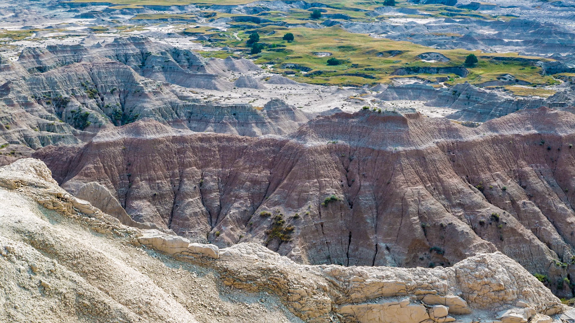 180816_164 Erosion exposes colorful layers of sedimentary rock  in the Badlands National Park in South Dakota, USA