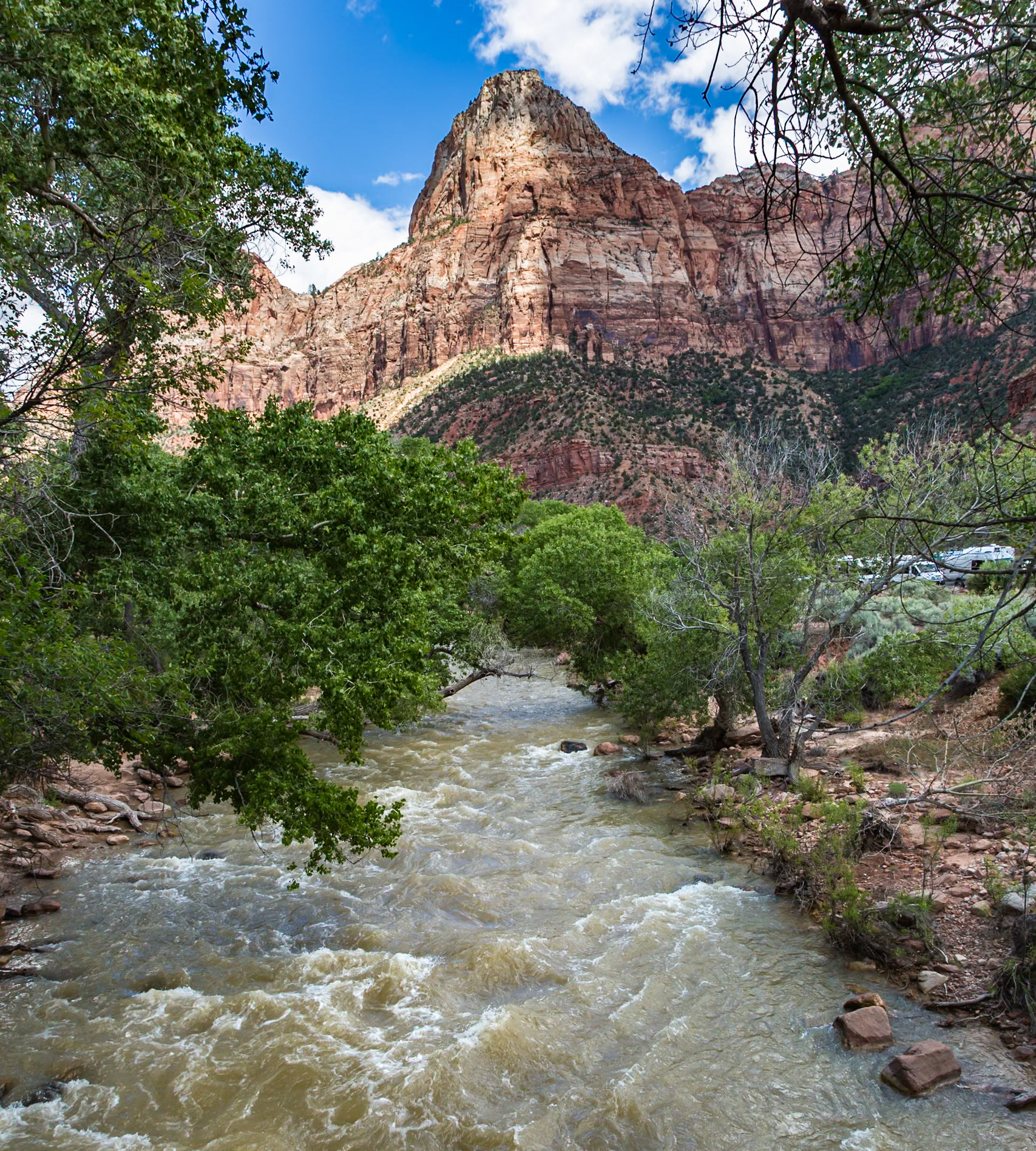 190529_188 Virgin River flows between rugged mountains in Zion National Park, Utah
