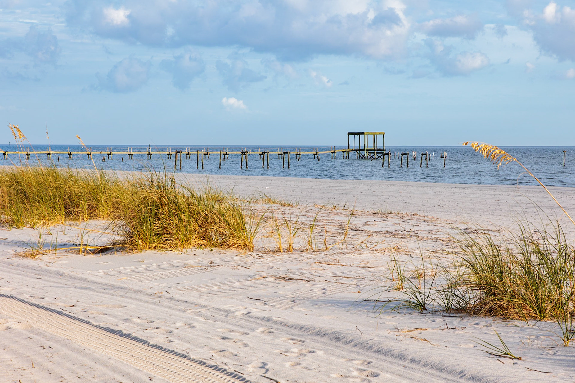 211118_012 Sea oats and abandoned damaged piers along the man-made sand beach at Pass Christian, Mississippi
