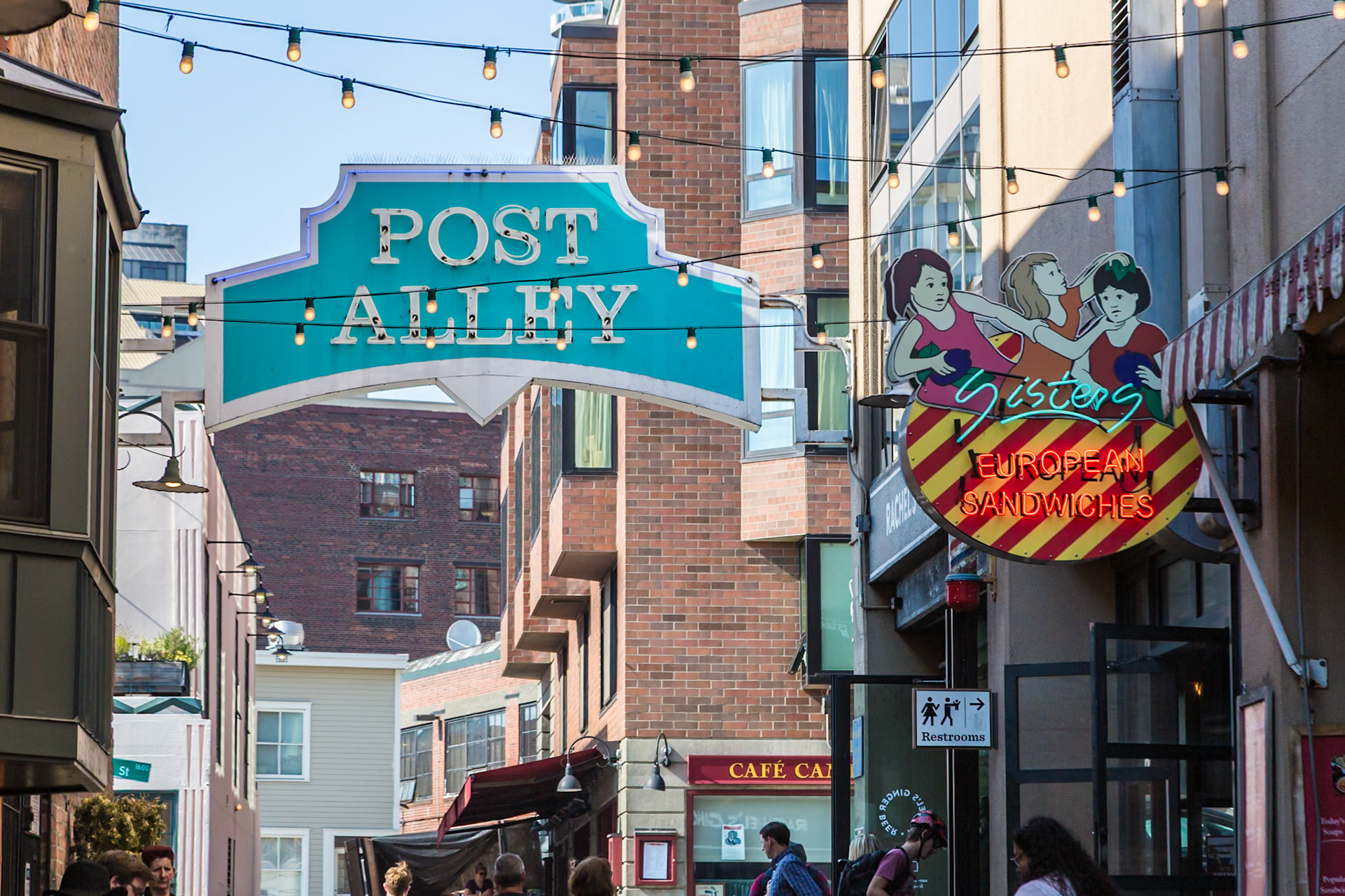 180905_185 Neon signs for famous Post Alley and Sisters European Sandwiches in downtown Seattle, Washington