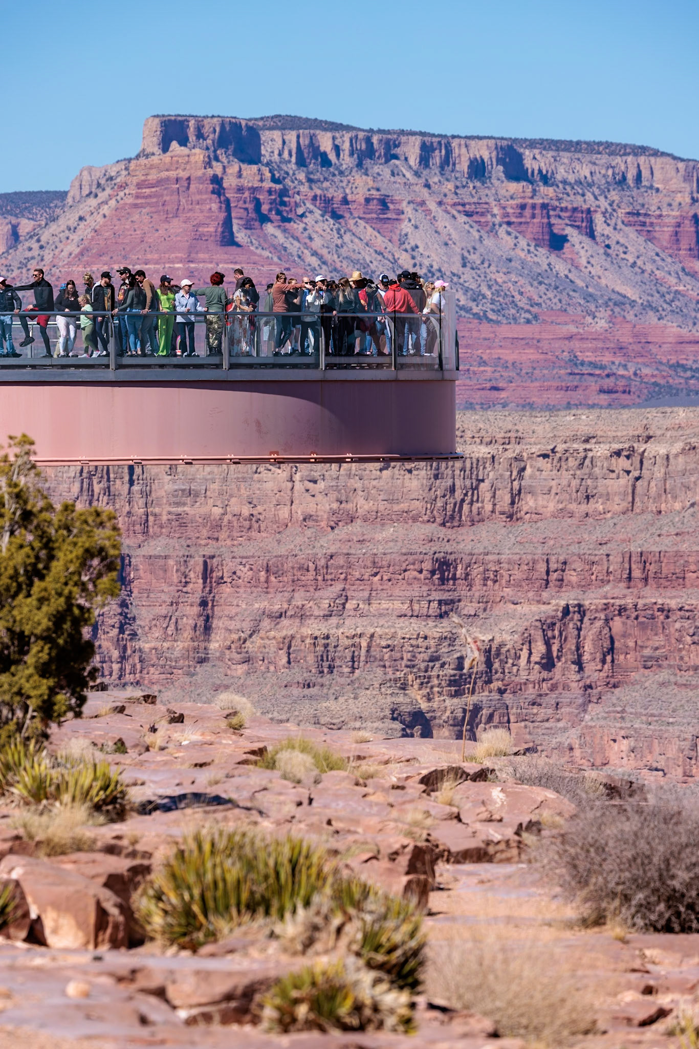 230405_163 Visitors view the Grand Canyon from the Skybridge, a glass floored bridge extending 70 feet over the canyon at Eagle Point in Grand Canyon West near Peach Springs, Arizona