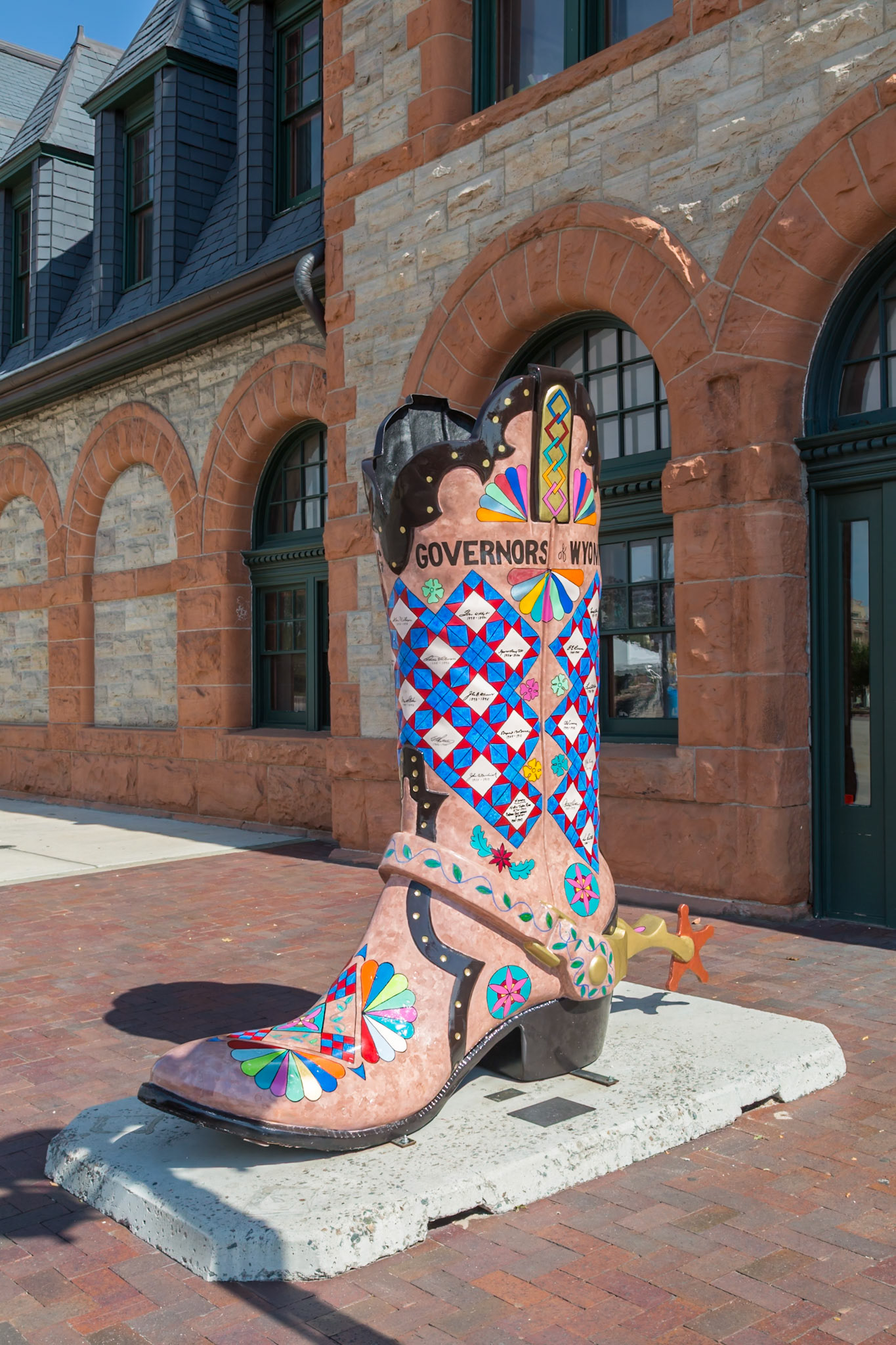 180808_092 Governors of Wyoming painted boot is part of the Cheyenne Big Boots project to raise funds for the Cheyenne Depot Museum Endowment Fund in Cheyenne, Wyoming