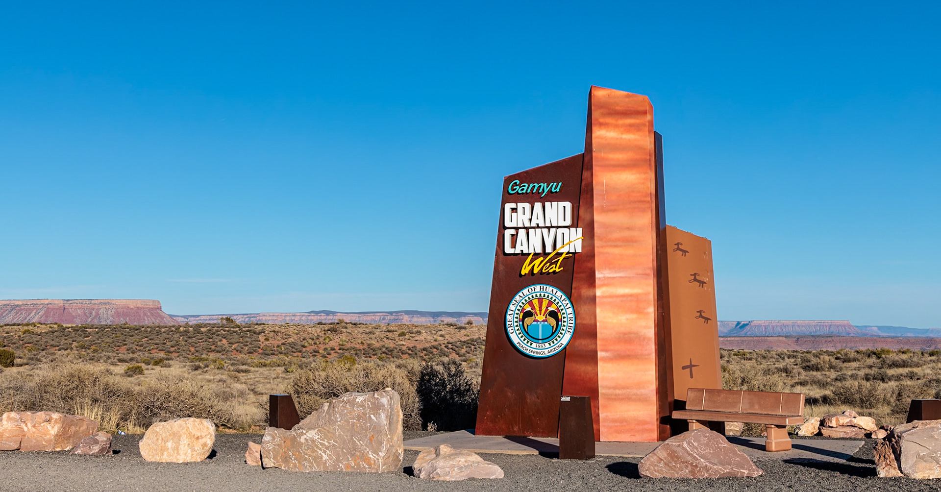 230405_308 Sign at Grand Canyon West features seal of the Native American Halapai Tribe and welcomes visitors