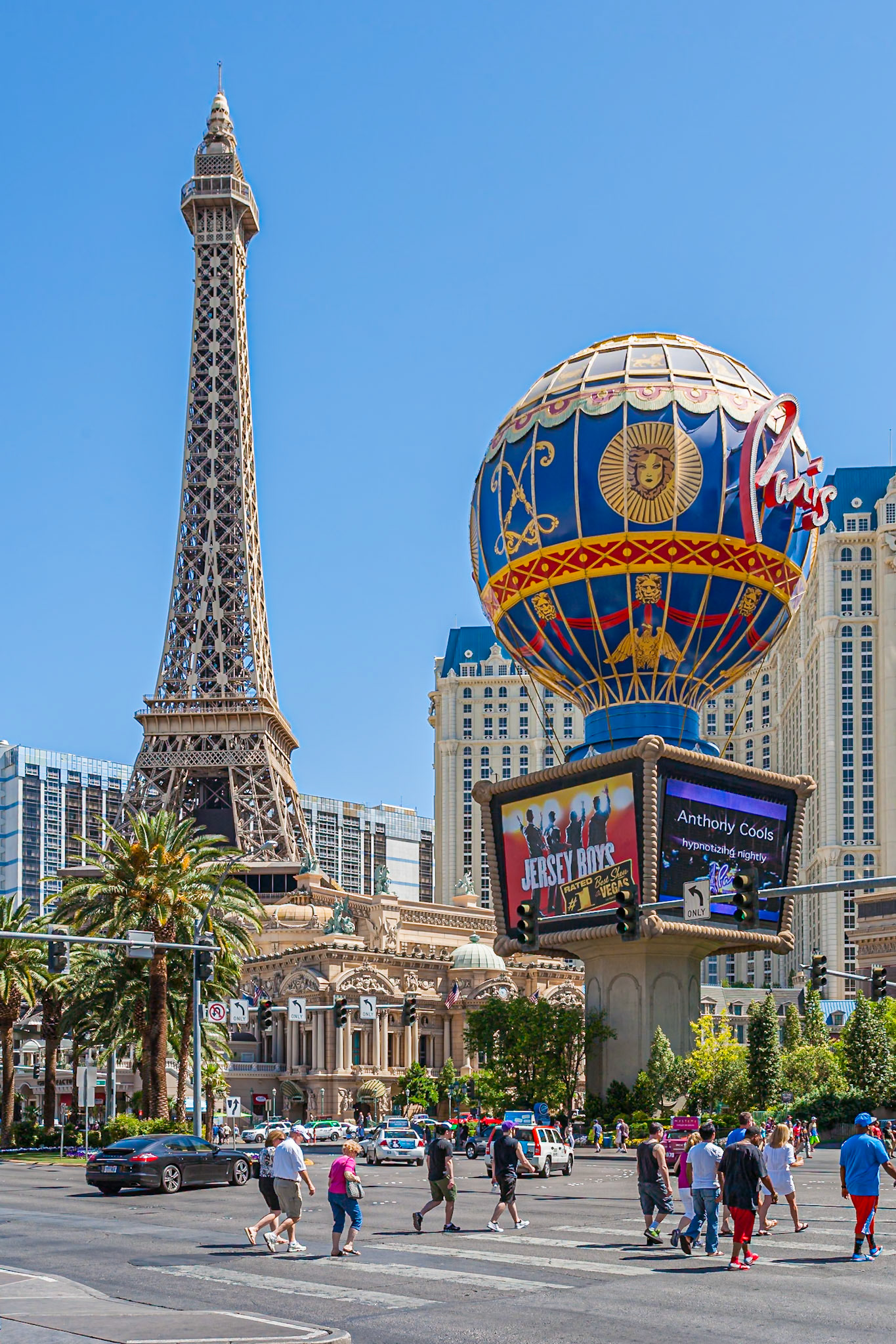 140502_618 Paris hot air balloon sign and Scale replica of the Eiffel Tower at Paris Las Vegas Hotel and Casino on the Las Vegas Strip in Paradise, Nevada