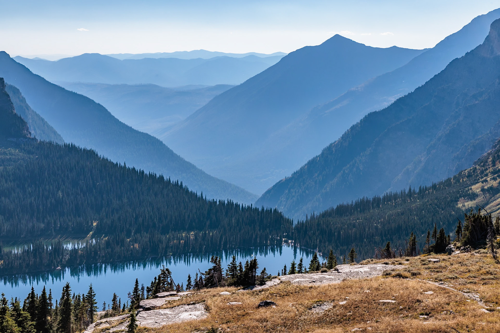 240905_089 Layers of mountains behind Hidden Lake along the Hidden Lake Trail from the Logan Pass Visitor Center in Glacier Natioinal Park, Montana, USA