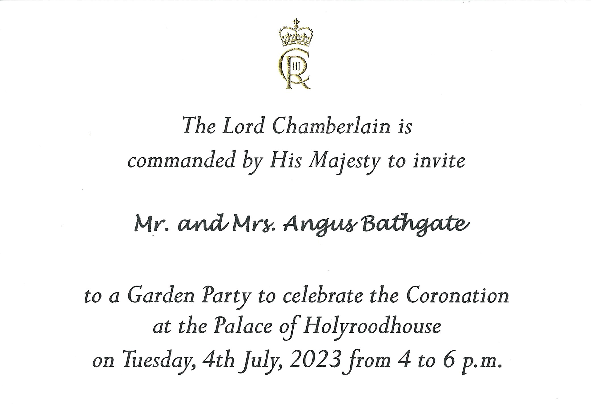 Invitation to the garden party celebrating the coronation of Charles and Camilla