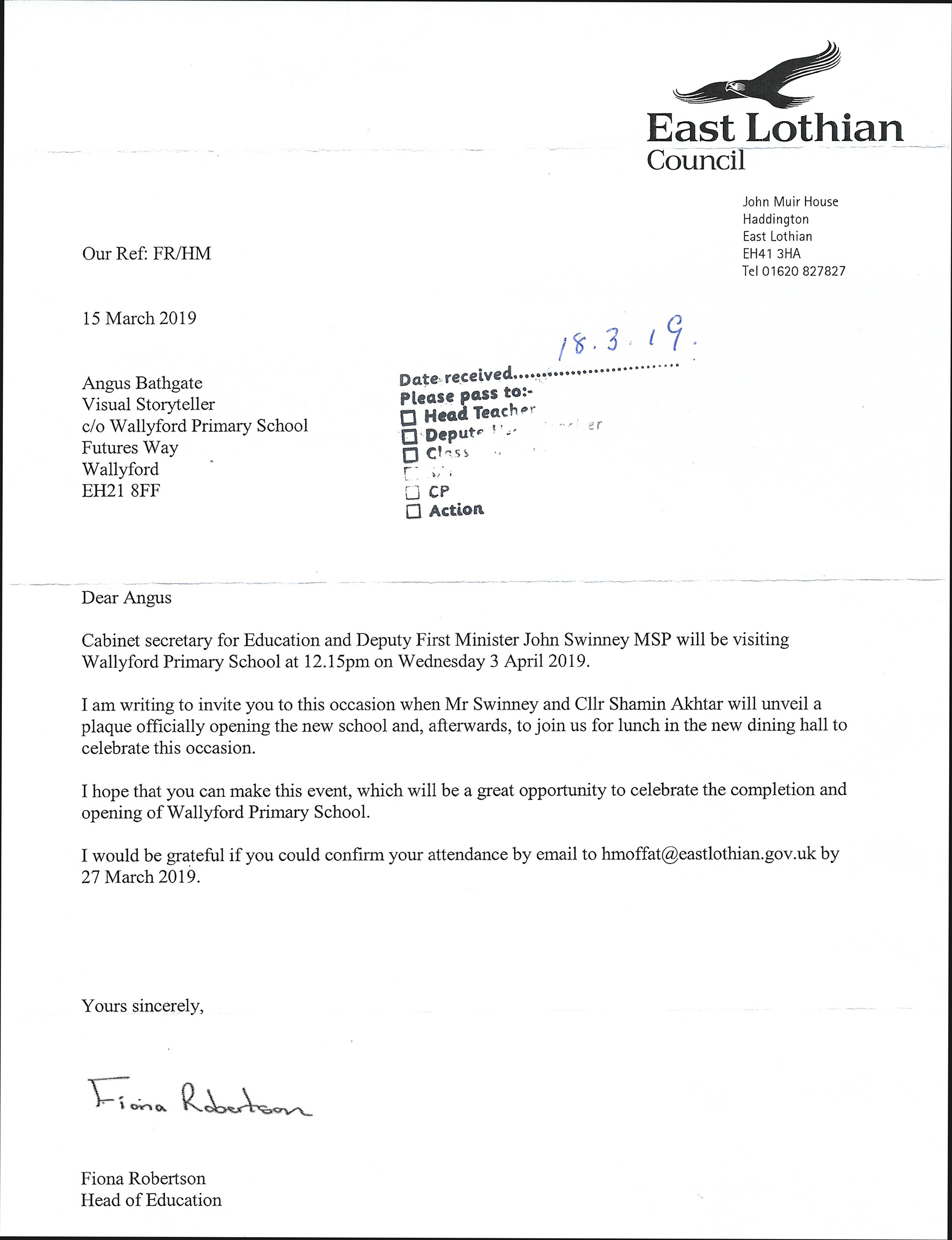 Letter addressed to Angus Bathgate ‘Visual Storyteller’, inviting him to the official opening of Wallyford’s new Primary School