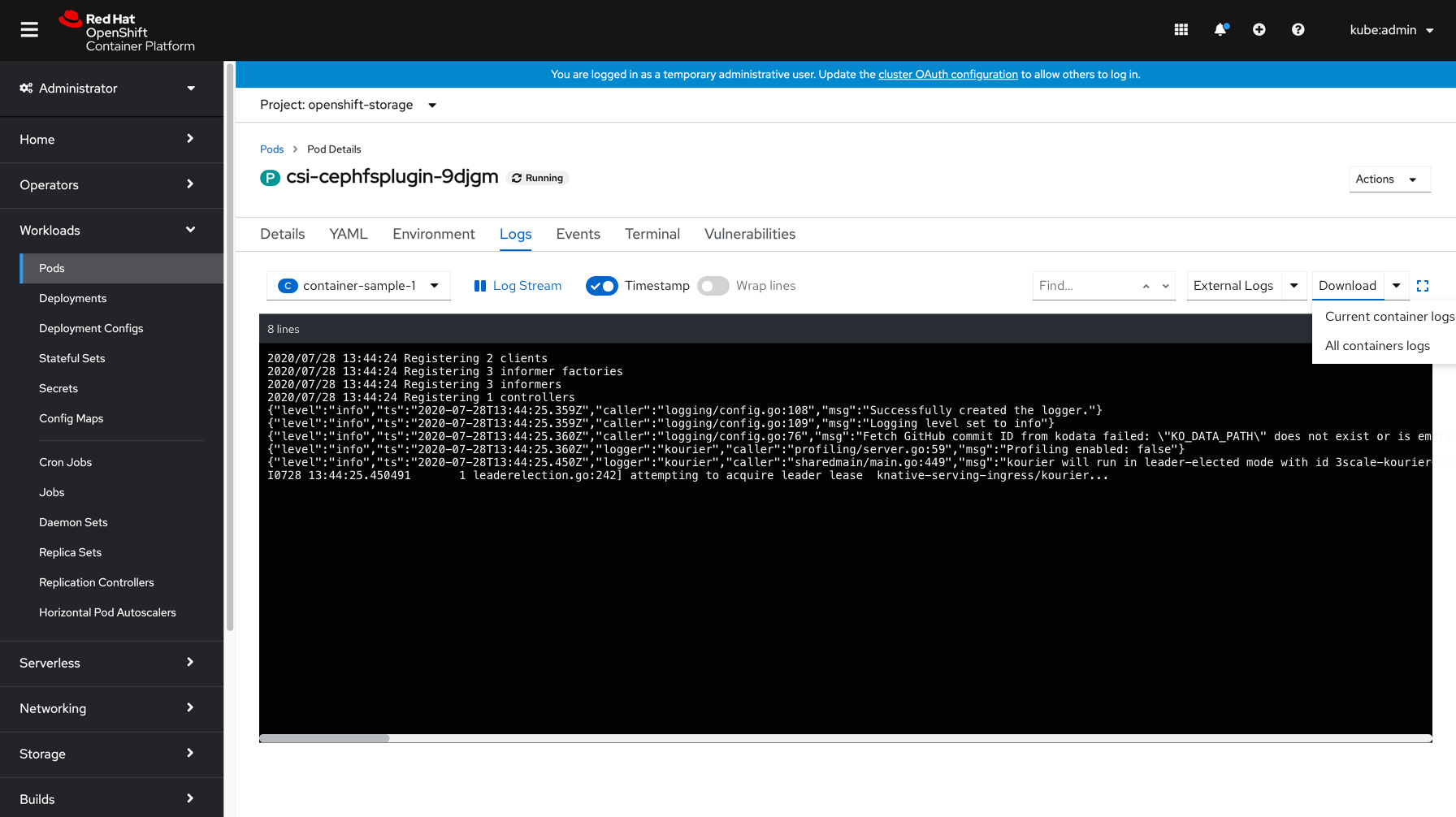 Download logs - for multiple containers, include a dropdown element to download logs from a single container, or logs from all containers