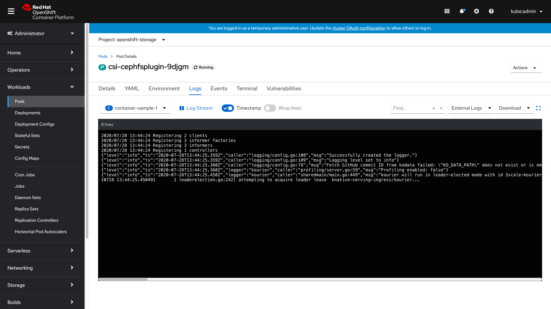 Default State - Multiple Containers - includes a dropdown on the left side of the toolbar to switch the container which logs are currently displayed for