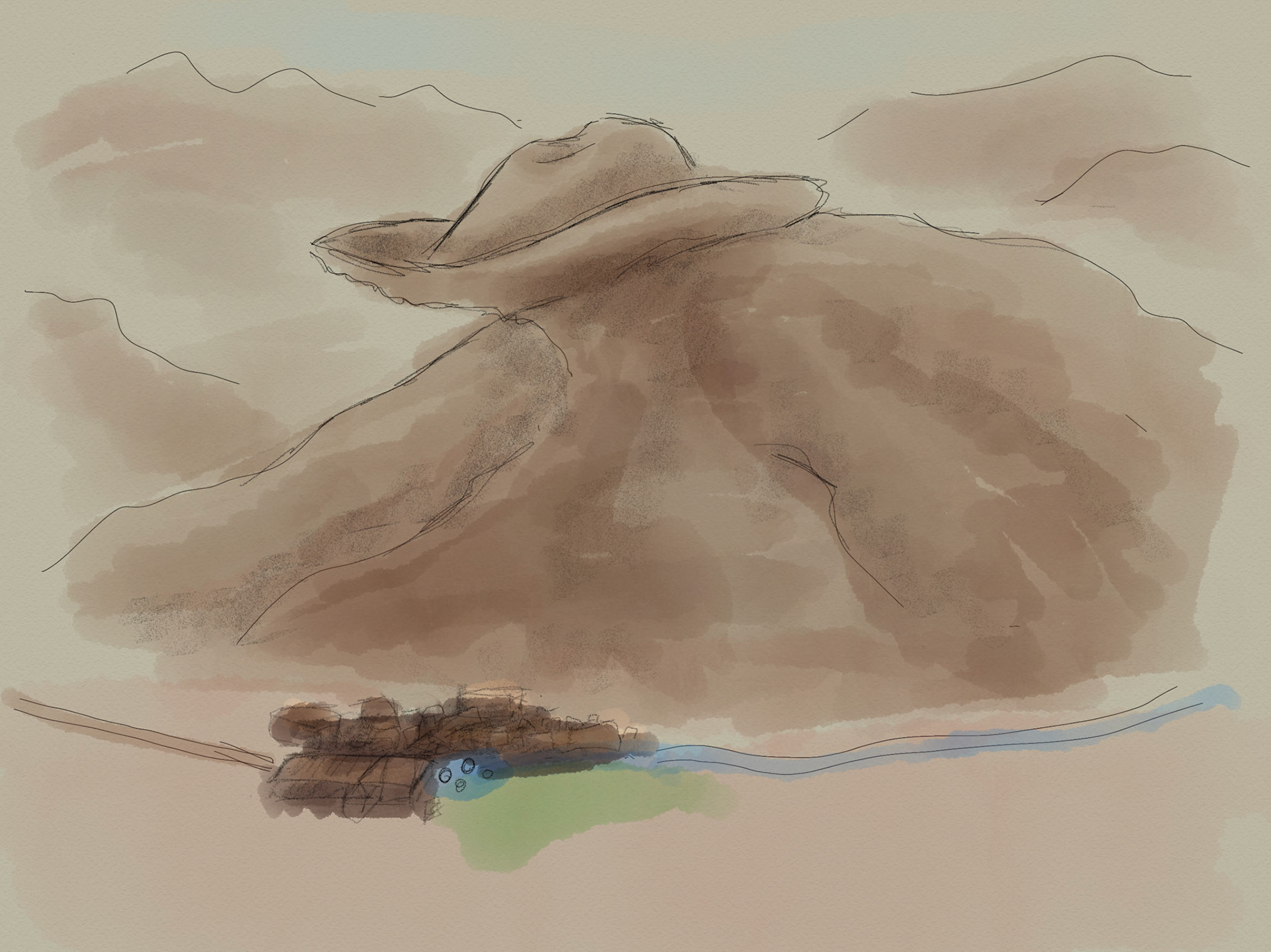 The party stumbles on a desert town situated under a peculiar mountain formation