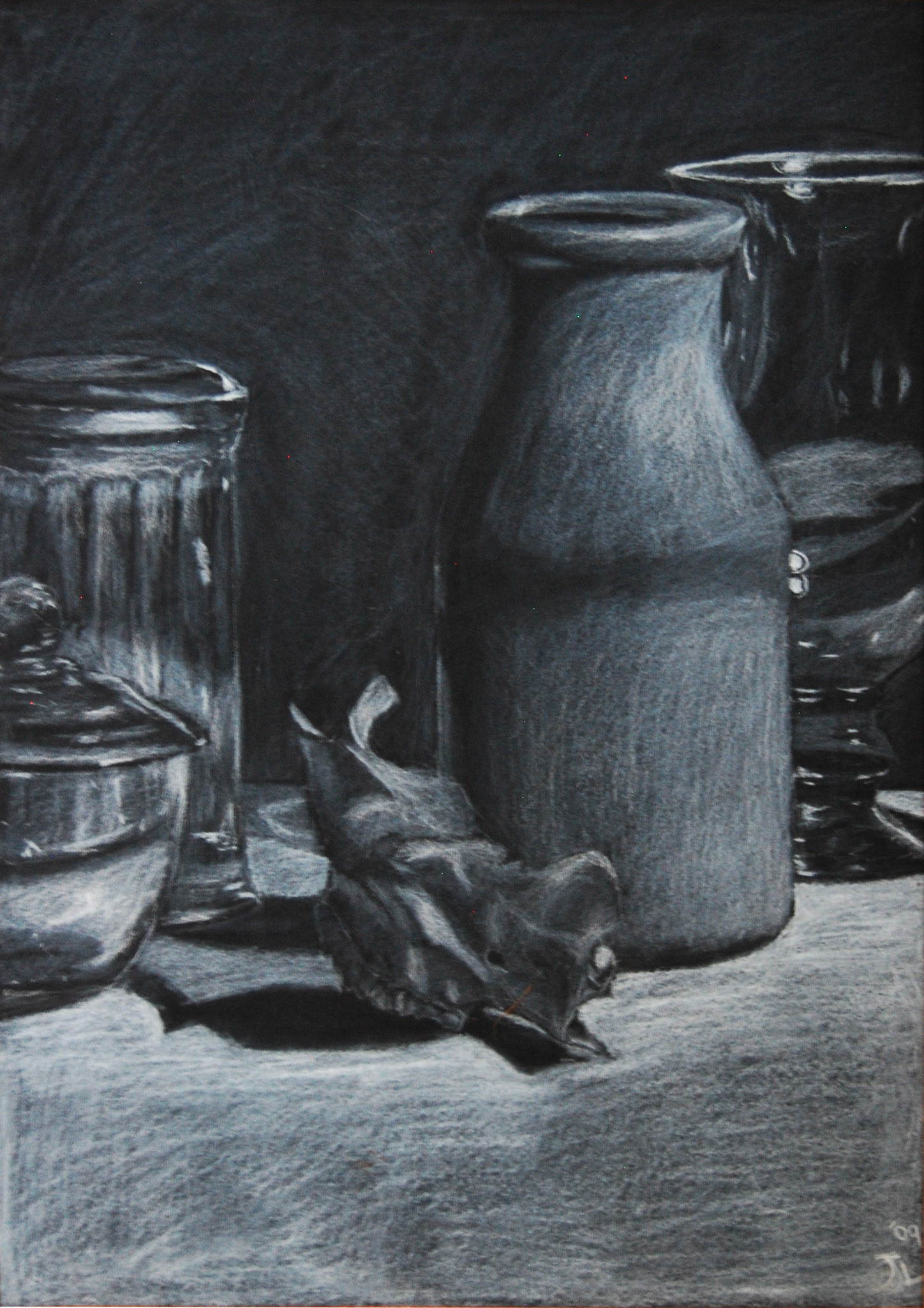 Developing light values using white conte on black paper