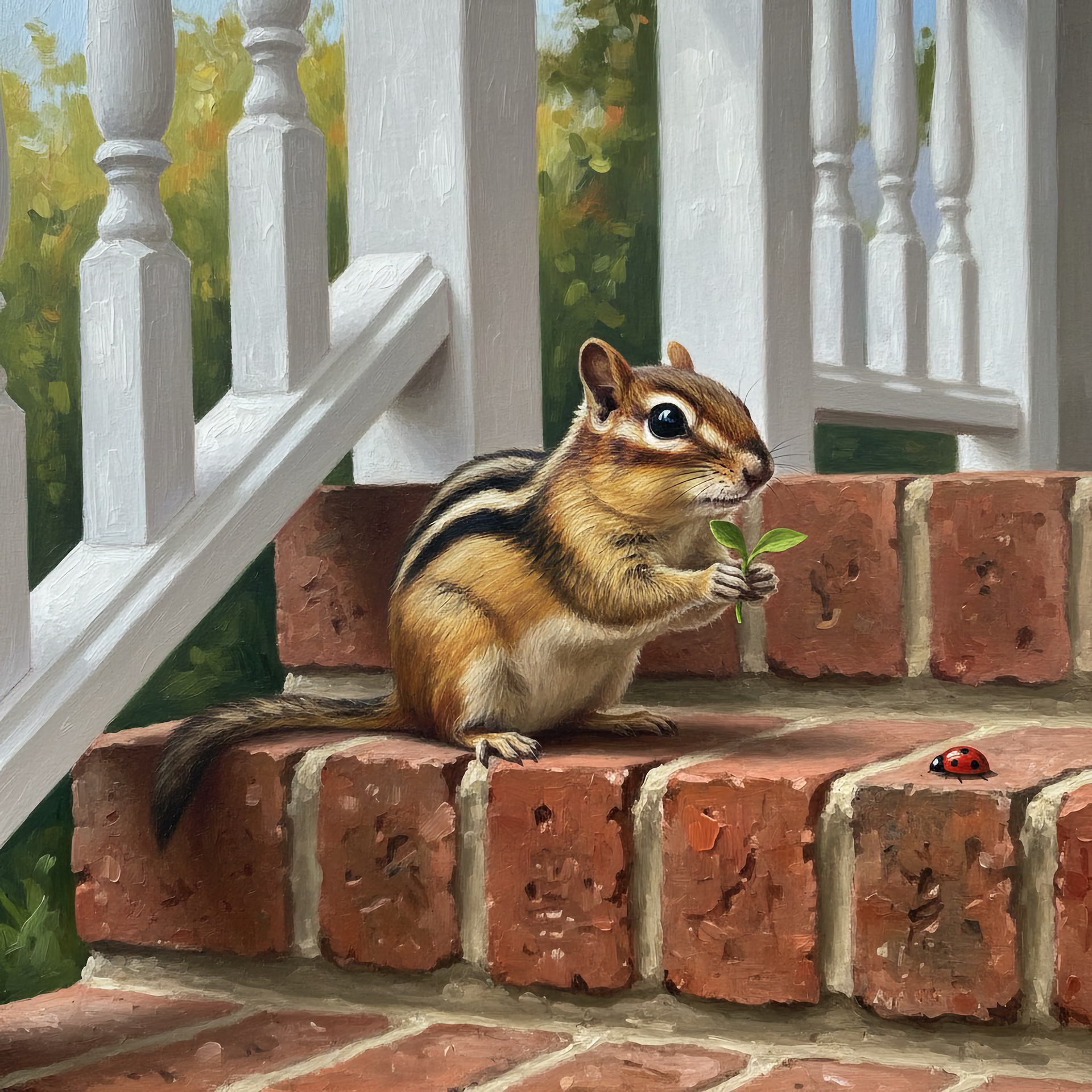 Our little backyard chipmunk has completely stolen my wife's heart—she even named him 'Watcher.' True to his name, he'd perch patiently on his hind legs, bright eyes fixed on her, waiting for the moment she'd scatter his favorite seeds.