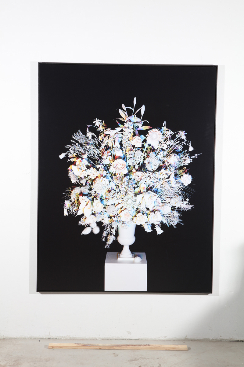 €3500-1750. Exhibition Print. Flowers in red green and blue (painted white). 124x160 cm. Analogue c-print.