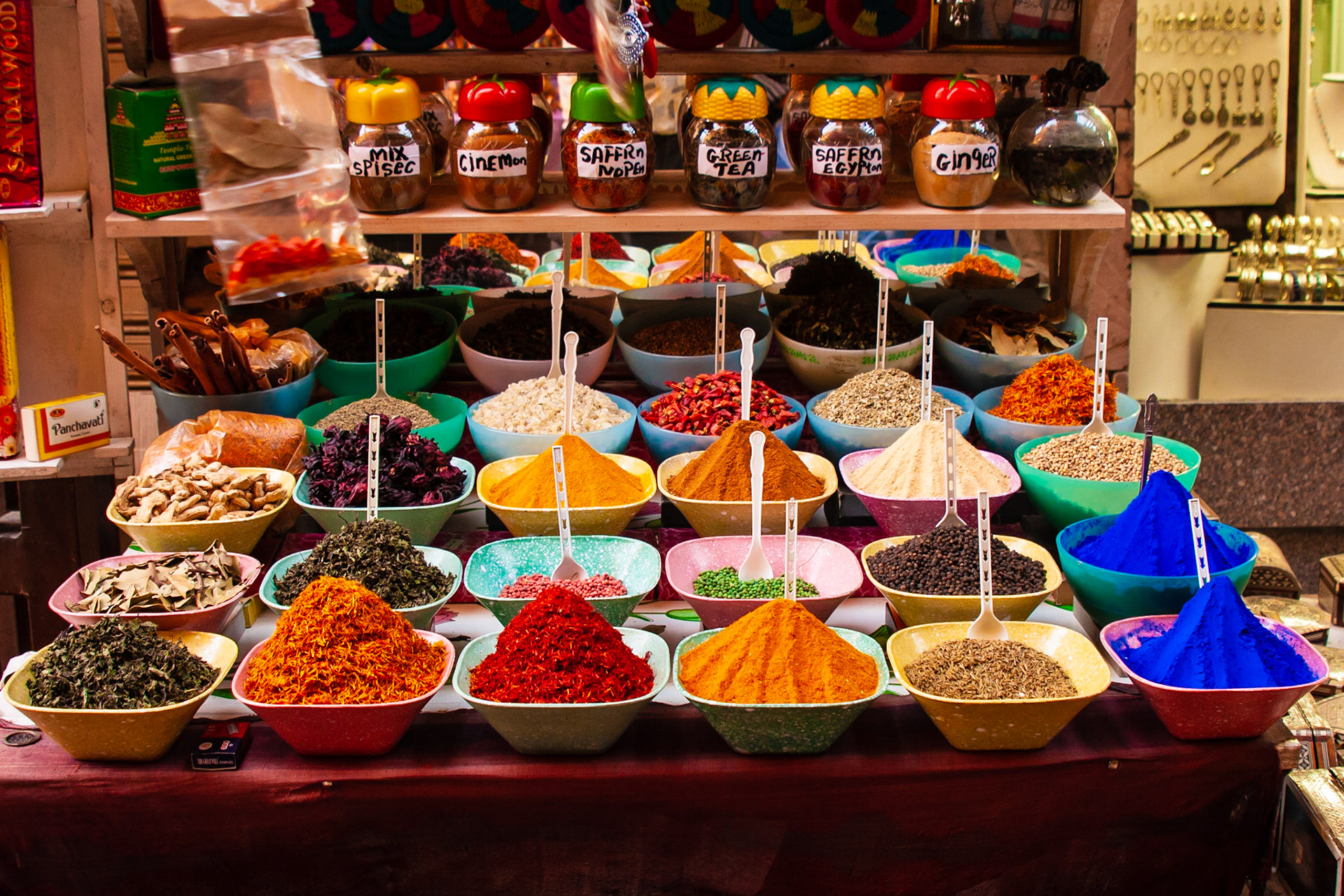 These are spices laid out for display by a vendor on Sharia Souk, Luxor. In the front you can see piles of safron. He was persuasive and got me to buy some hibiscus tea (dried flowers in the third row).