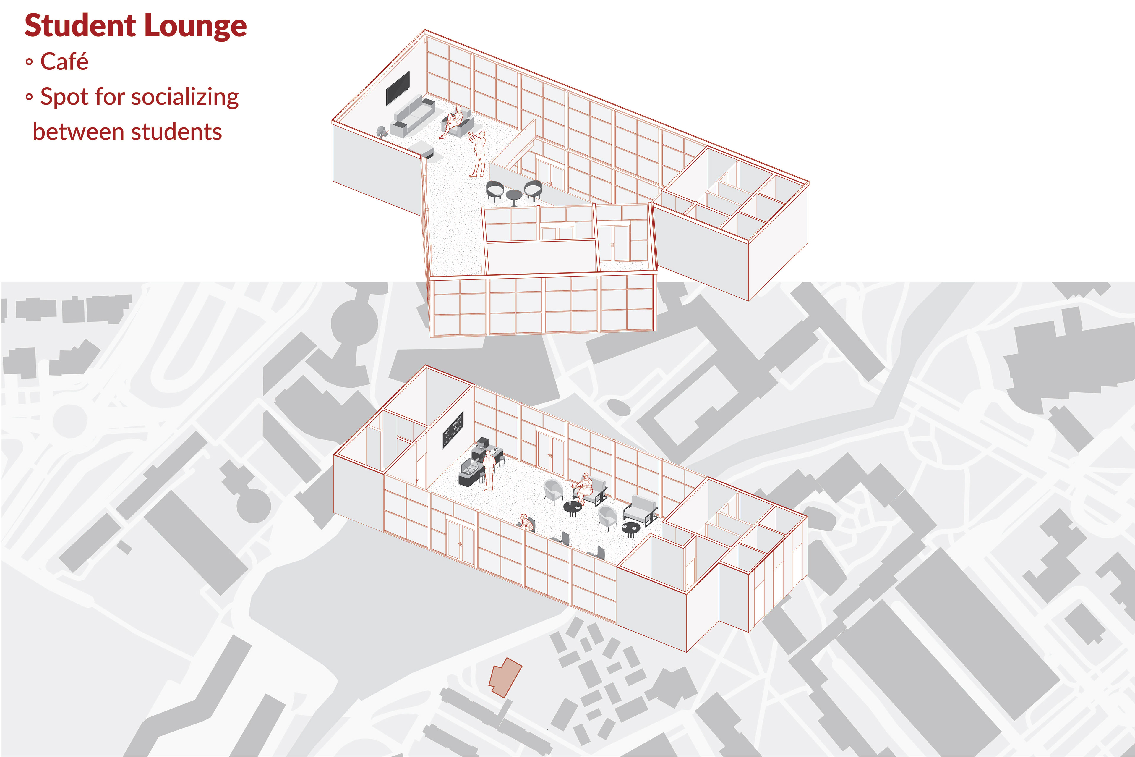 student lounge axonometric