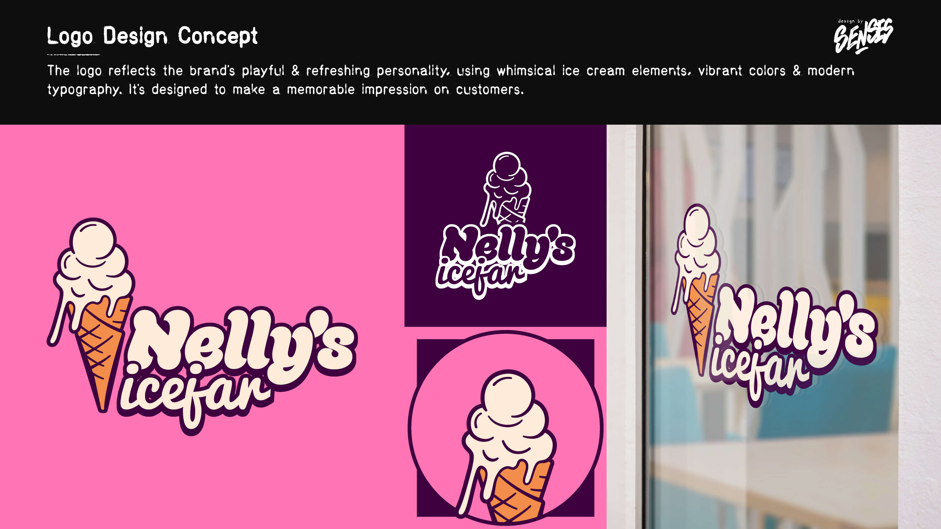 The logo reflects the brand’s playful and refreshing personality, using whimsical ice cream elements, vibrant colors, and modern typography. It’s designed to make a memorable impression on customers.