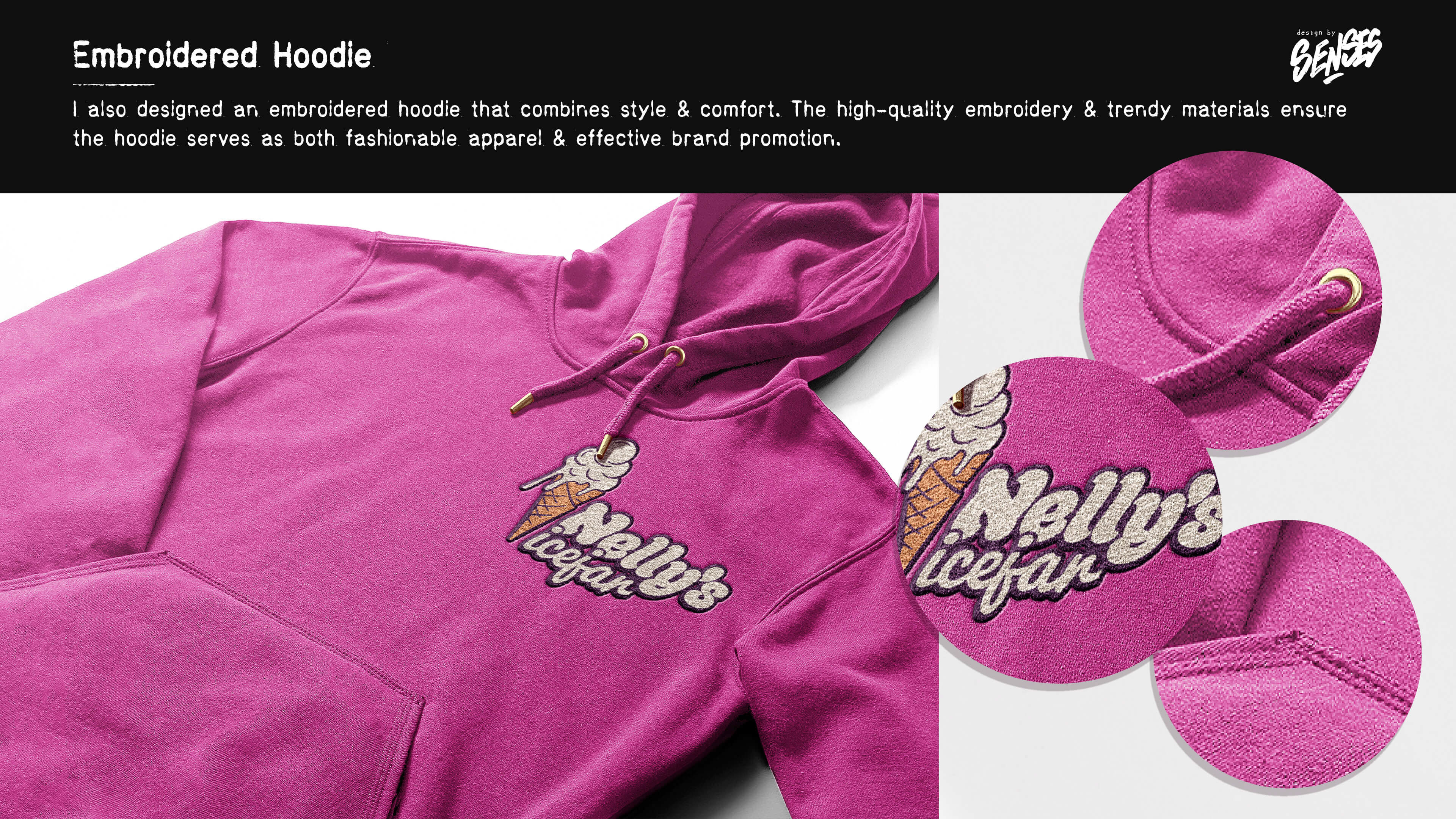I also designed an embroidered hoodie that combines style and comfort. The high-quality embroidery and trendy materials ensure the hoodie serves as both fashionable apparel and effective brand promotion.