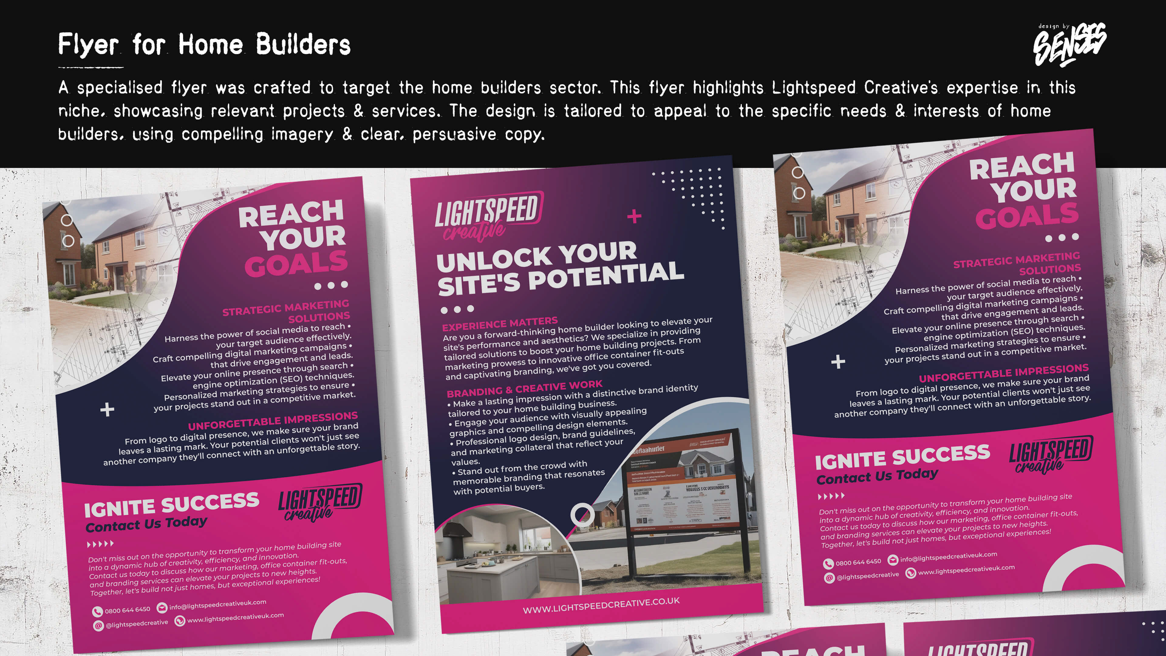 A specialized flyer was crafted to target the home builders sector. This flyer highlights Lightspeed Creative's expertise in this niche, showcasing relevant projects and services. The design is tailored to appeal to the specific needs and interests of home builders, using compelling imagery and clear, persuasive copy.