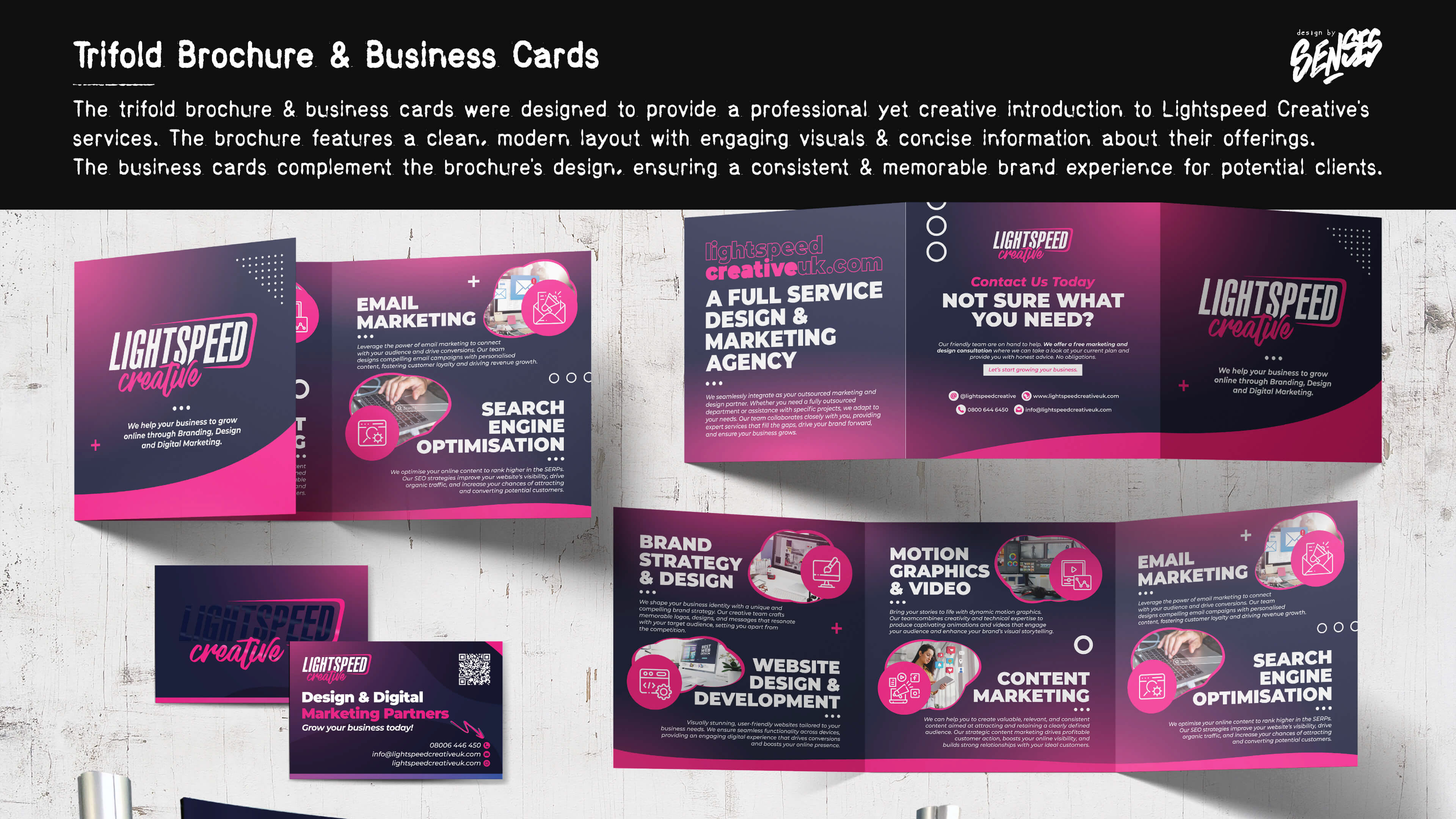 The trifold brochure and business cards were designed to provide a professional yet creative introduction to Lightspeed Creative's services. The brochure features a clean, modern layout with engaging visuals and concise information about their offerings. The business cards complement the brochure's design, ensuring a consistent and memorable brand experience for potential clients.