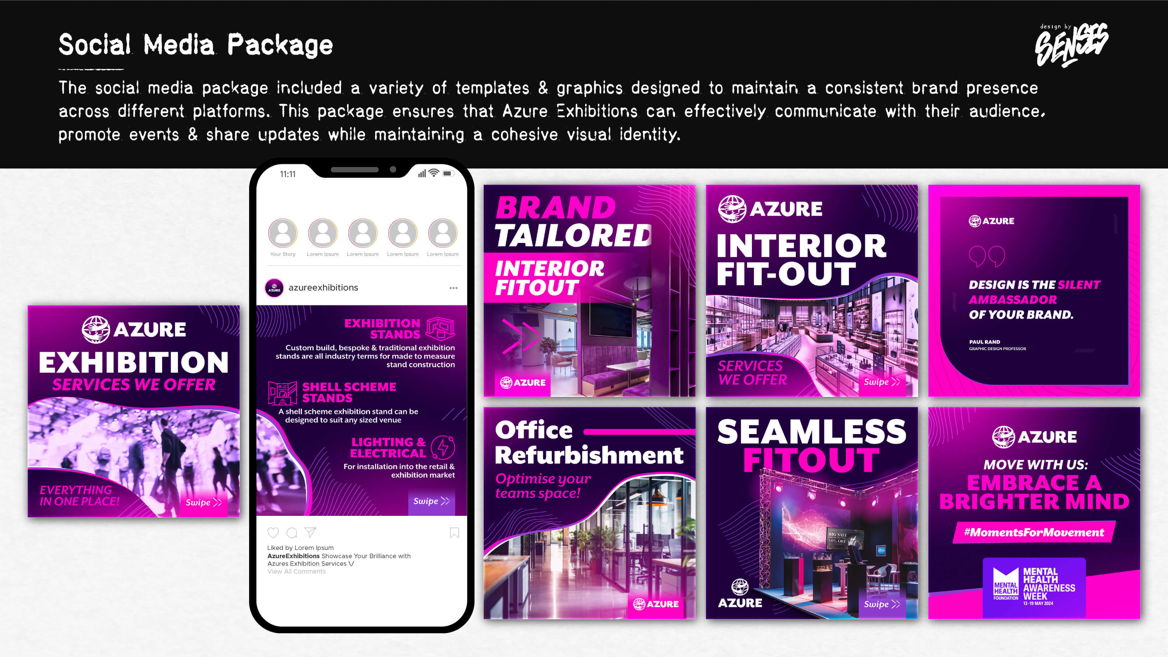 The social media package included a variety of templates and graphics designed to maintain a consistent brand presence across different platforms. This package ensures that Azure Exhibitions can effectively communicate with their audience, promote events, and share updates while maintaining a cohesive visual identity.