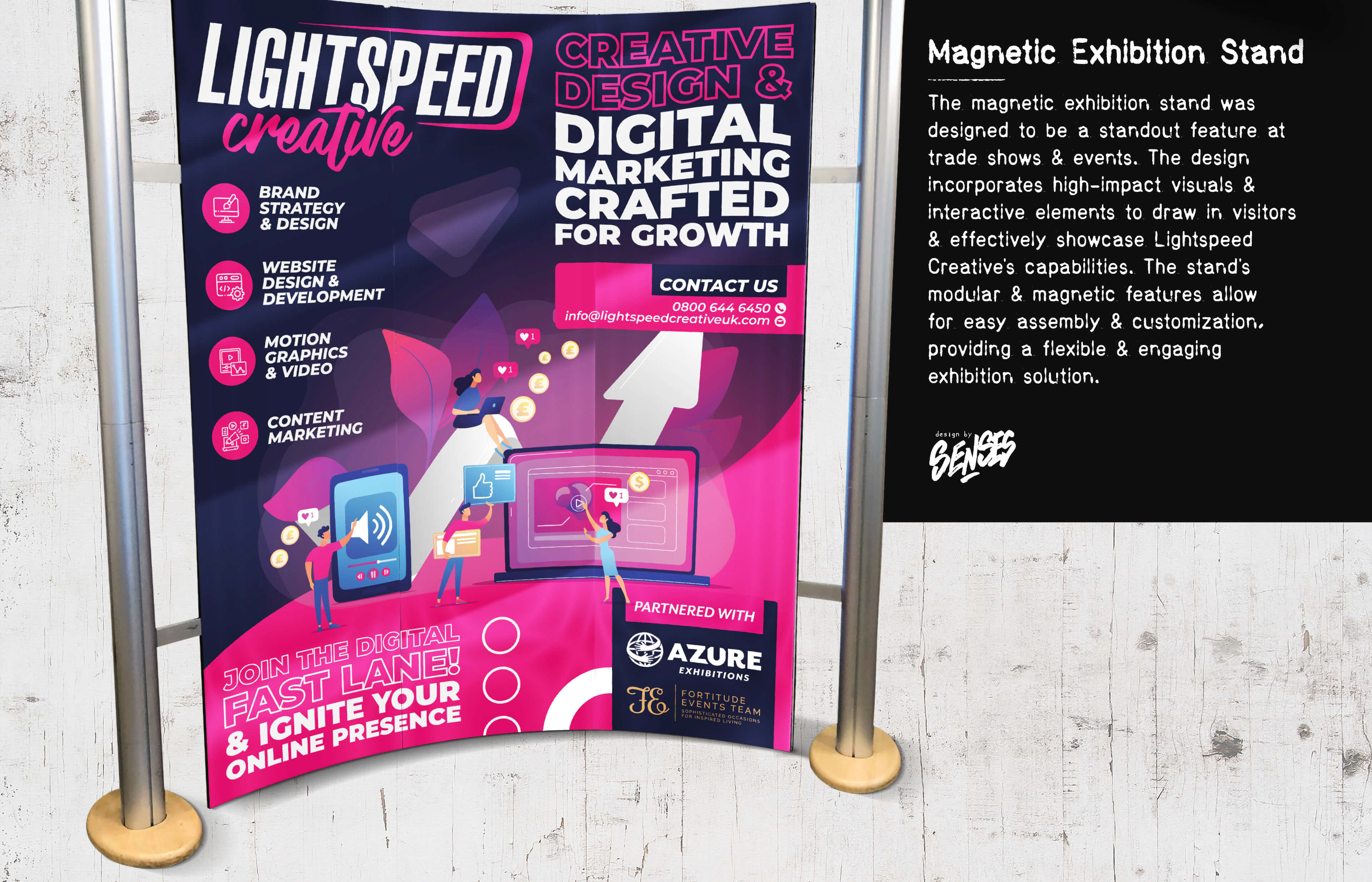 The magnetic exhibition stand was designed to be a standout feature at trade shows and events. The design incorporates high-impact visuals and interactive elements to draw in visitors and effectively showcase Lightspeed Creative's capabilities. The stand's modular and magnetic features allow for easy assembly and customization, providing a flexible and engaging exhibition solution.