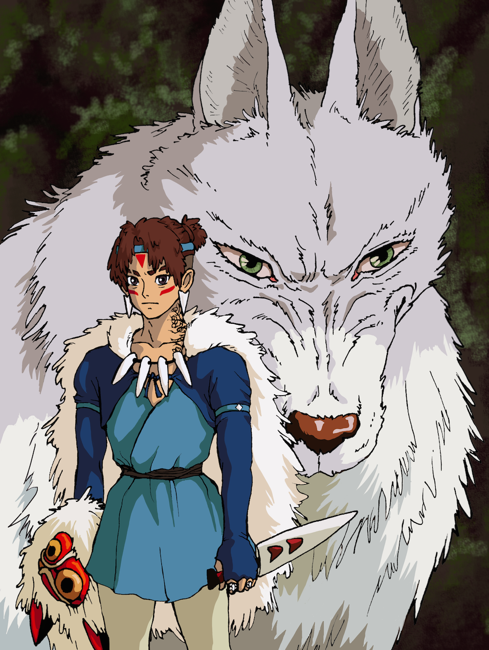 Fan art portrait of Dean, as a character in Hayao Miyazaki's 'Princess Mononoke'