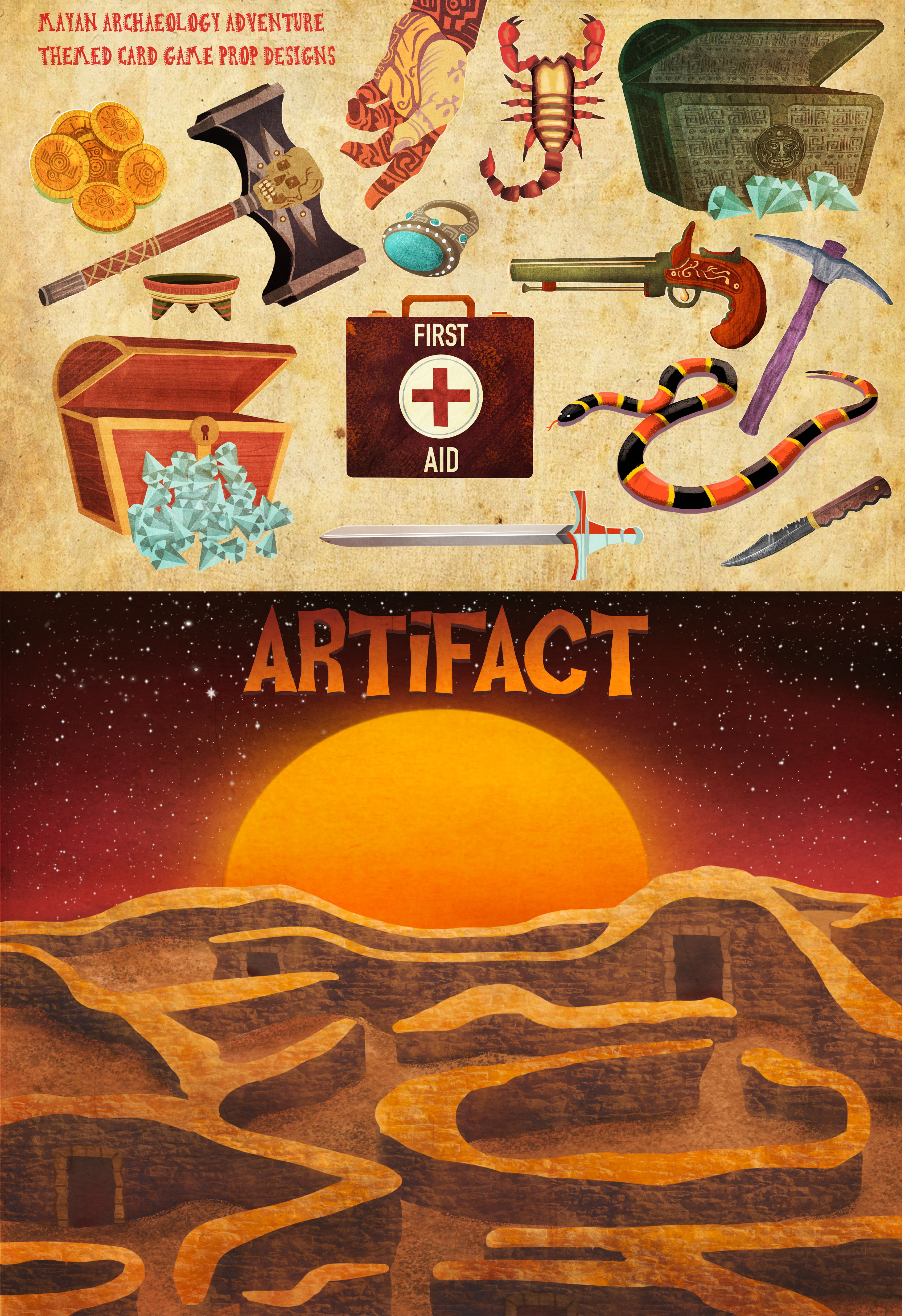 Prop designs and the game box back for a client's Mayan-adventure themed card game