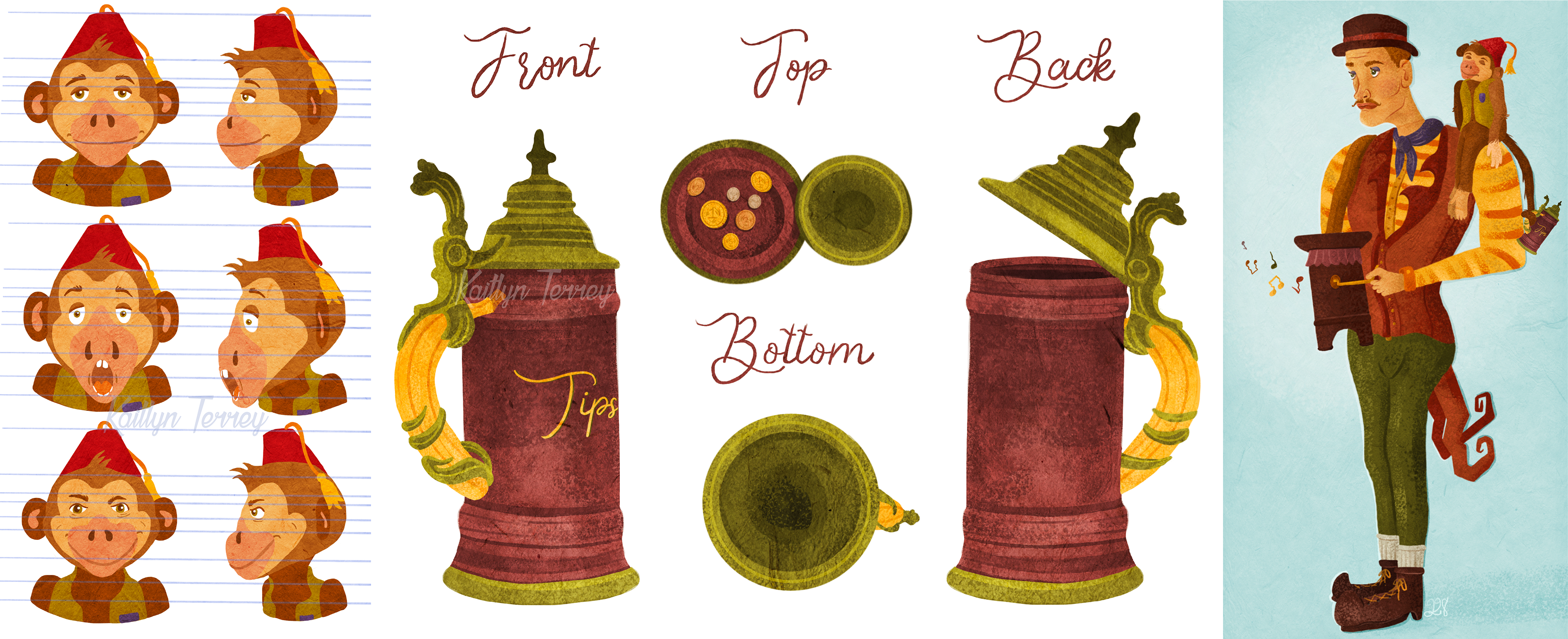 Original character expression sheet, stein tip jar prop design, and final concept