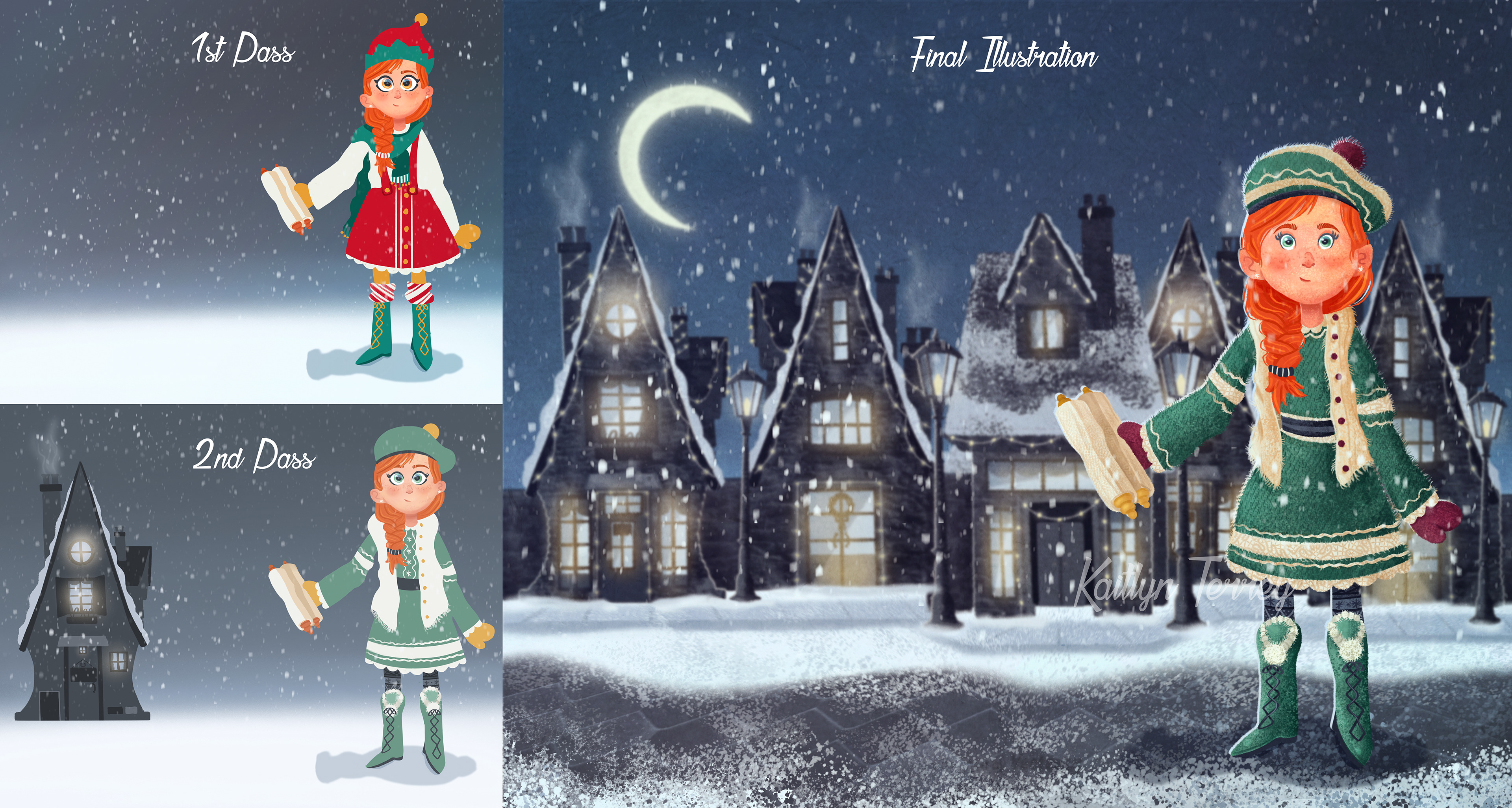 My character/wardrobe/scenic design process for a client's children's book, starting with flat colors and shapes, and adding detail and lighting once a final design is agreed upon.