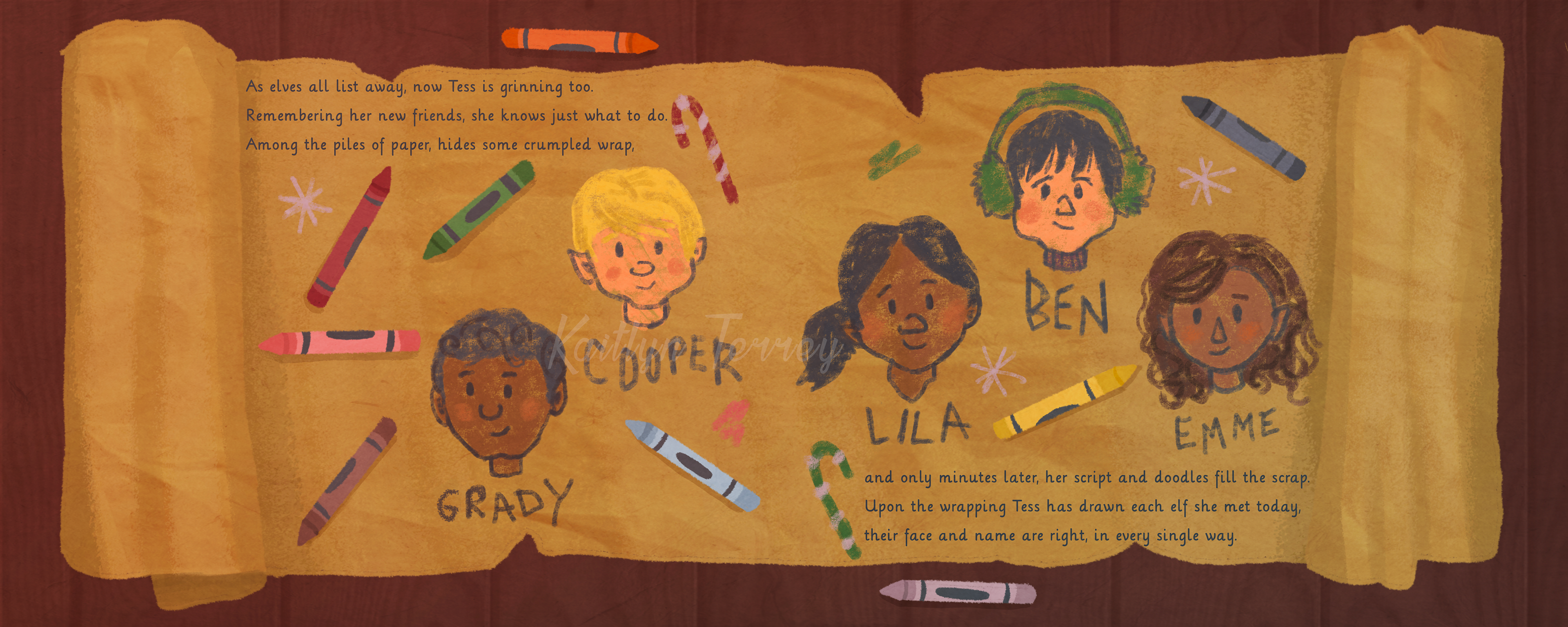 A spread illustration featuring characters drawn in a childlike style, text © 2021 One Little Spark Publishing