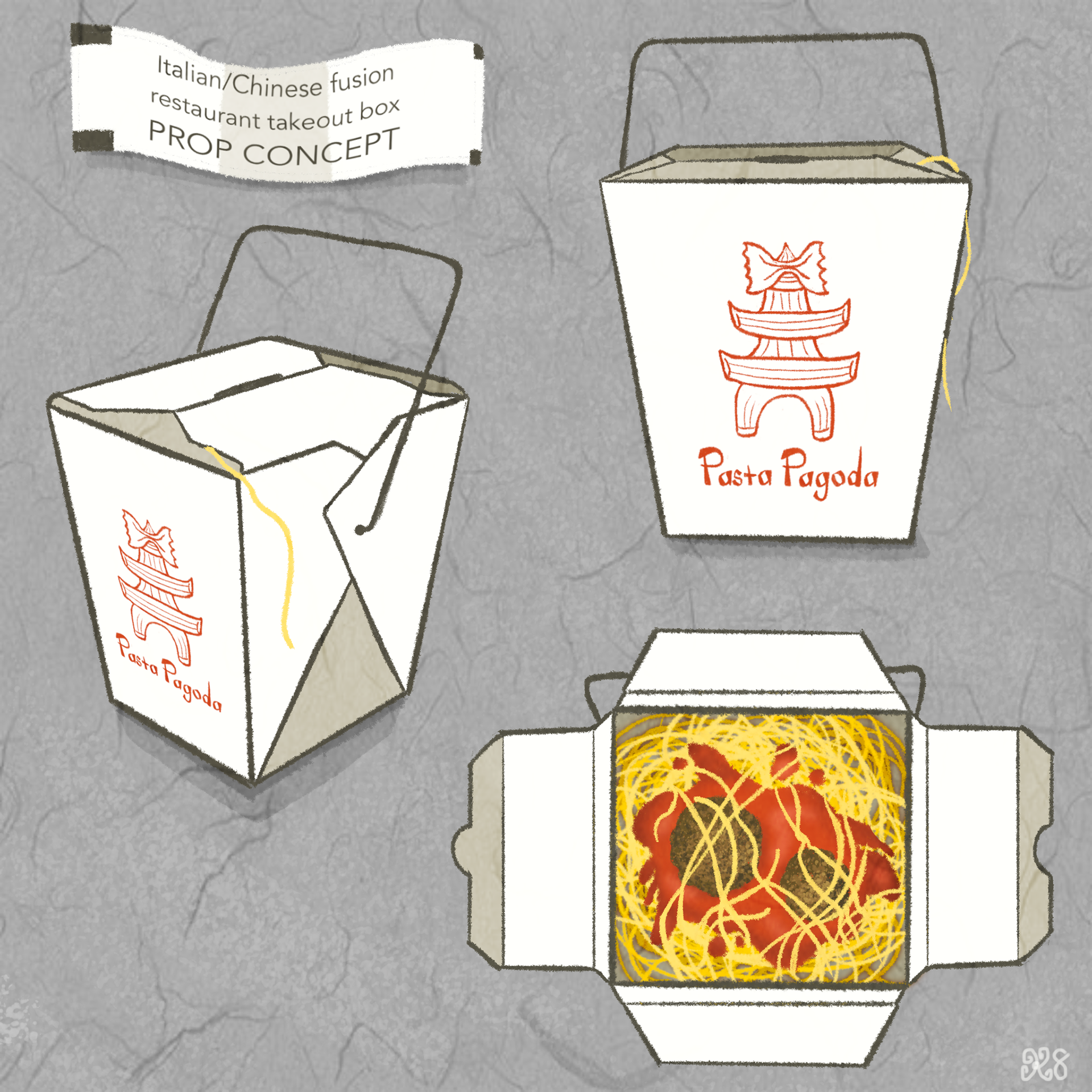 Chinese/Italian restaurant takeout container prop concept