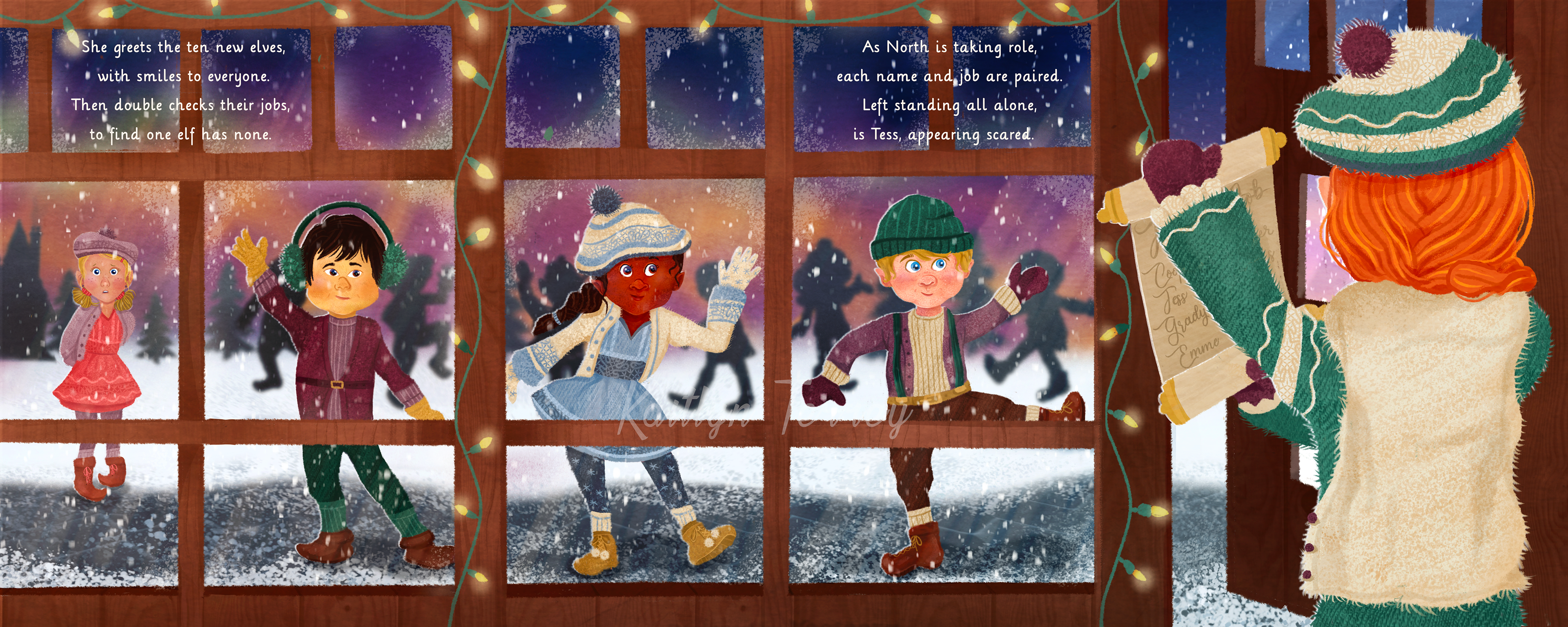 A two page spread illustration, for a client's children's book, text © 2021 One Little Spark Publishing