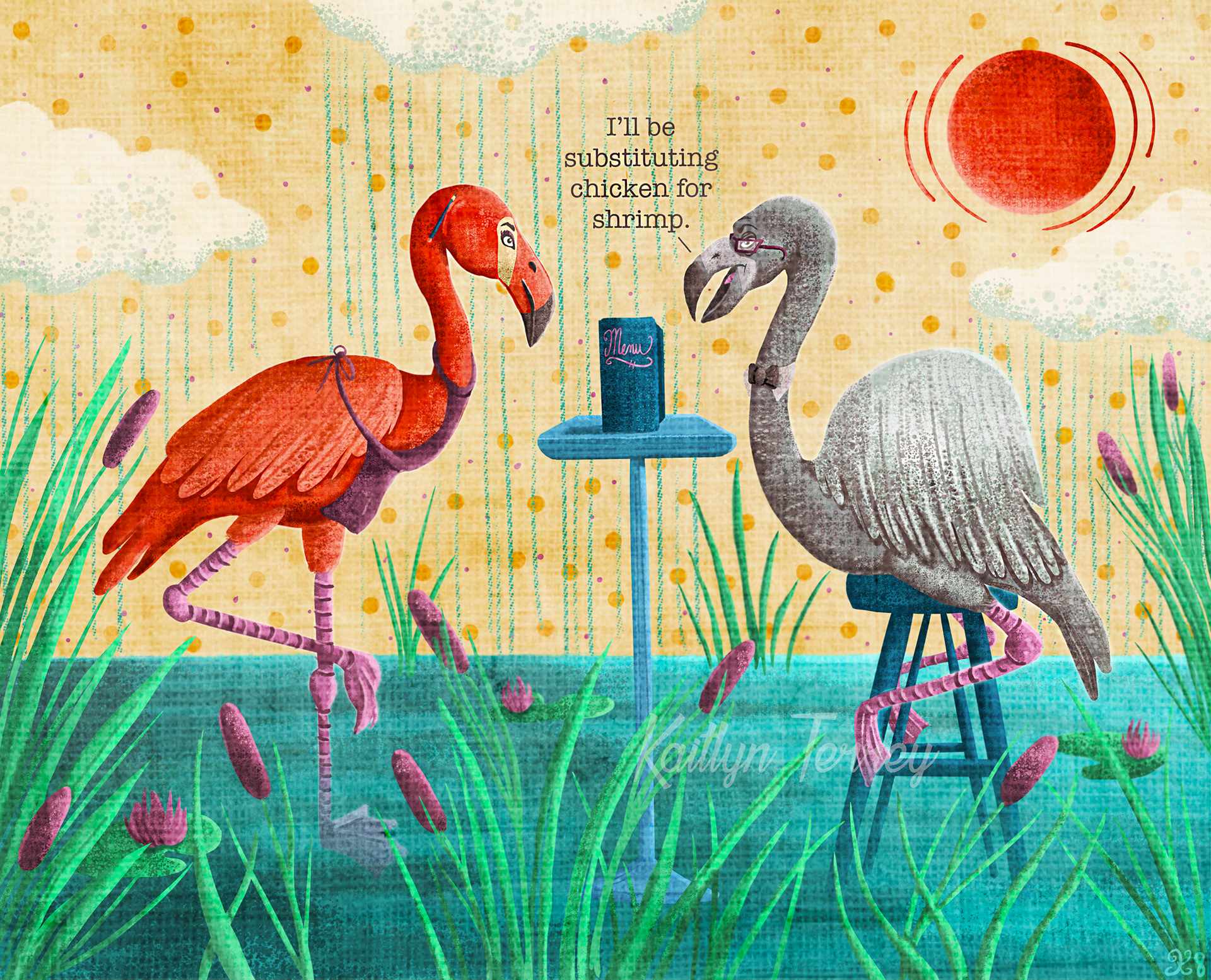 A flamingo food critic ordering chicken in place of shrimp, at a restaurant. He is gray in color because he won't eat shrimp, and that's where flamingos get their pink coloration from.