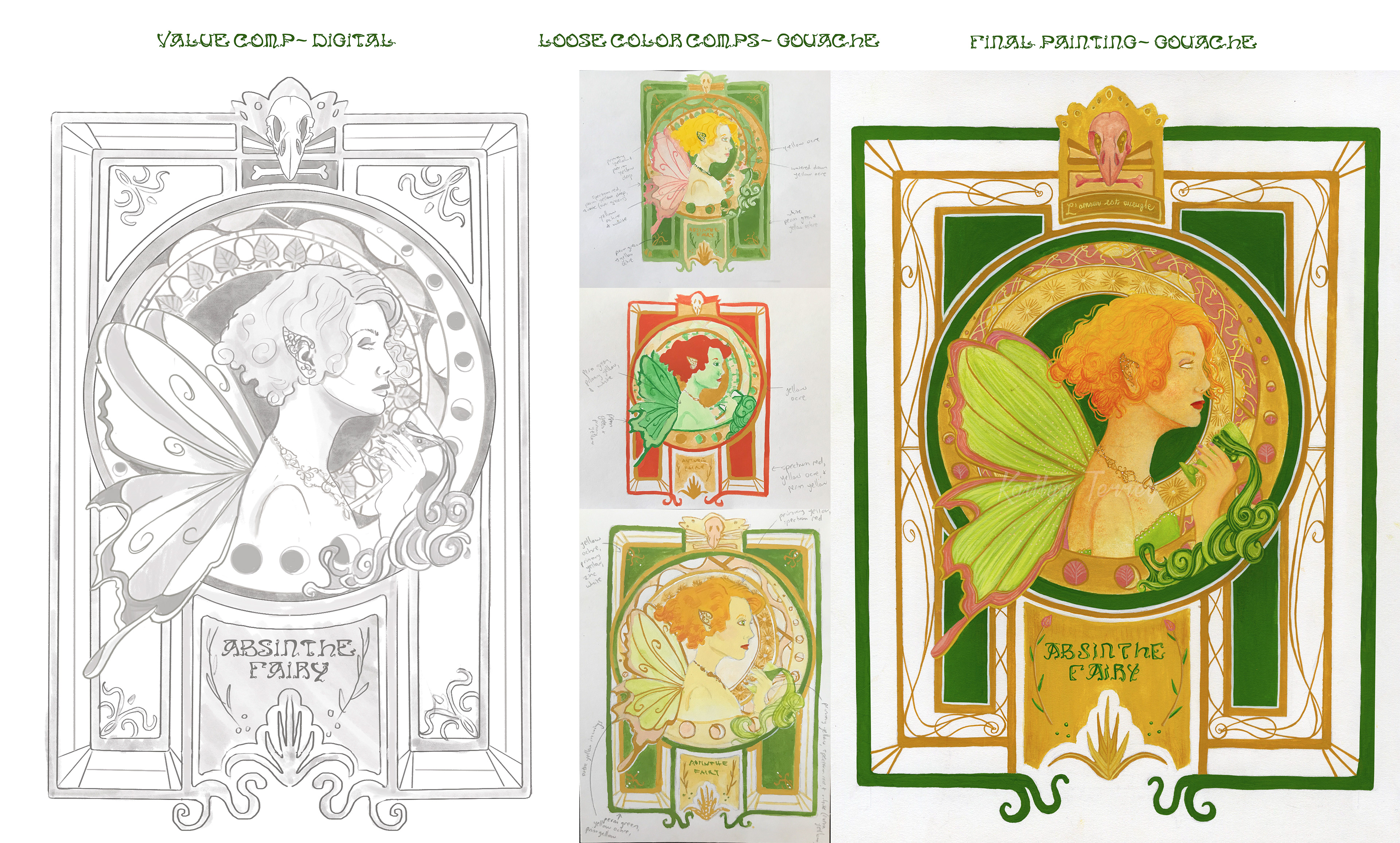 "Absinthe Fairy" gouache painting process