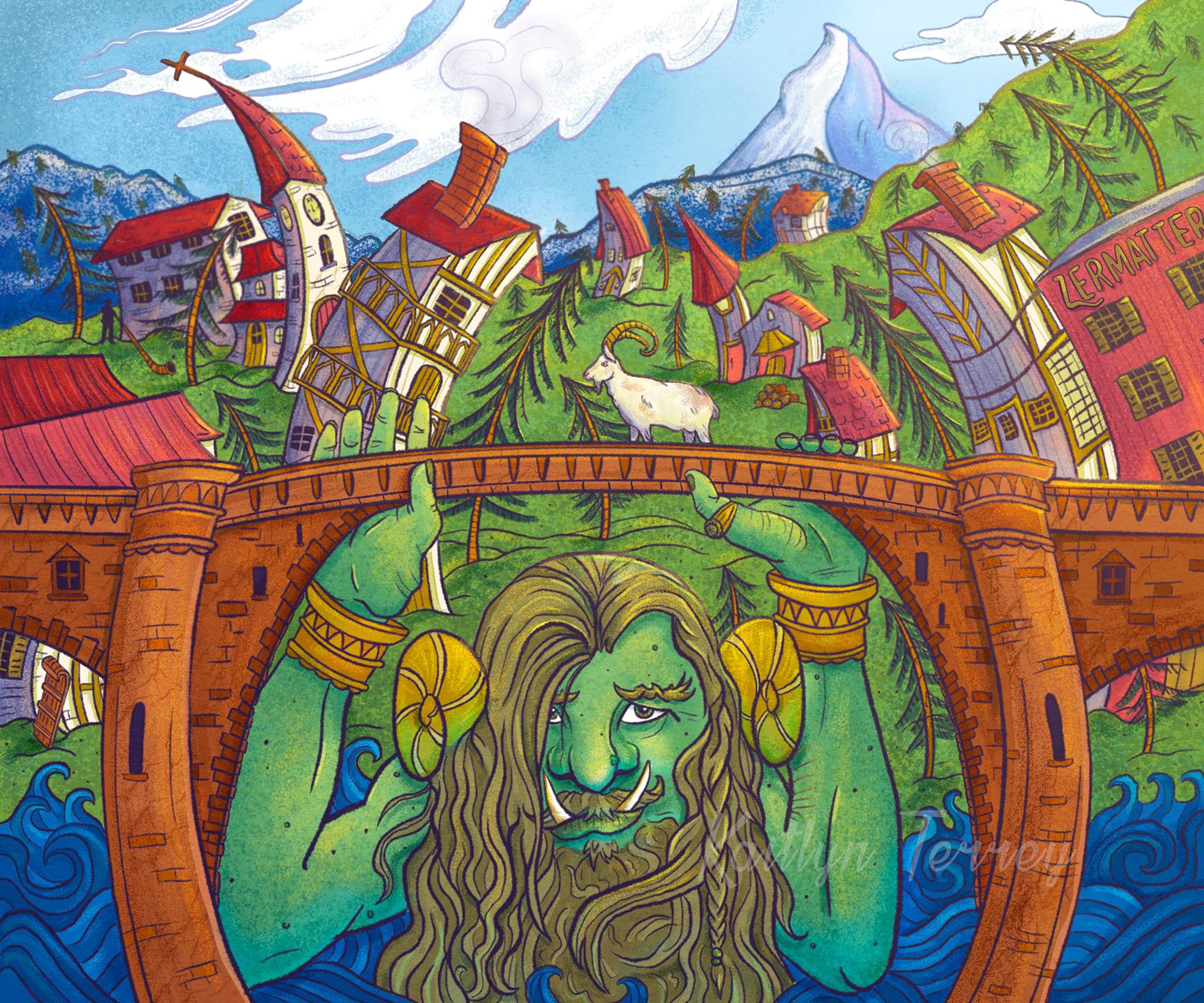 A Billy Goats Gruff-inspired line-based landscape illustration, set in the Swiss Alps
