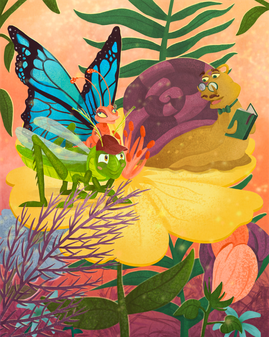 An illustration for a client's children's book titled, "The Flutterby and the Hopgrasser"
