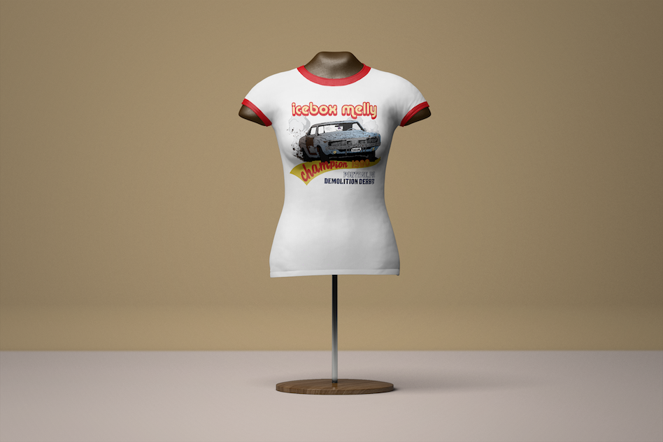 Custom t-shirt design for former demolition derby driver Icebox Melly. Design inspired by classic 70's t-shirt stylings, including ringer design base with retro, period fonts, hand-drawn elements, and simple shading.