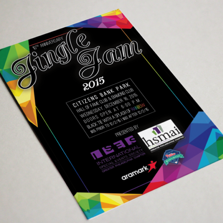 Jingle Jam Gala invitation for ILEA Philadelphia, also featuring custom digital signage content for the stadium's Jumbotron