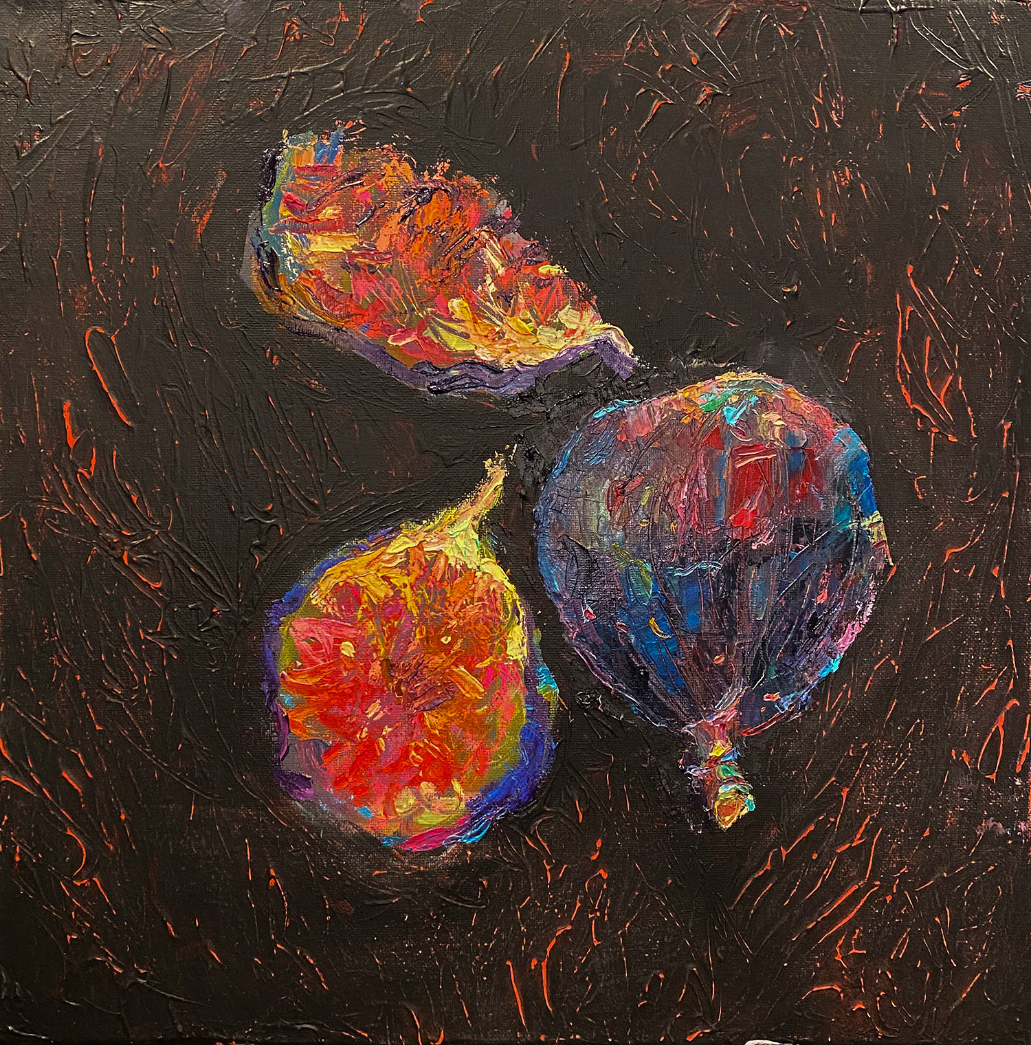 Fig Study II (2024)  40 × 40 cm, acrylic and oil on canvas  Matter resists silence. Fig, flesh, and memory flare against a textured dark, marking the shift from presence to imprint.
