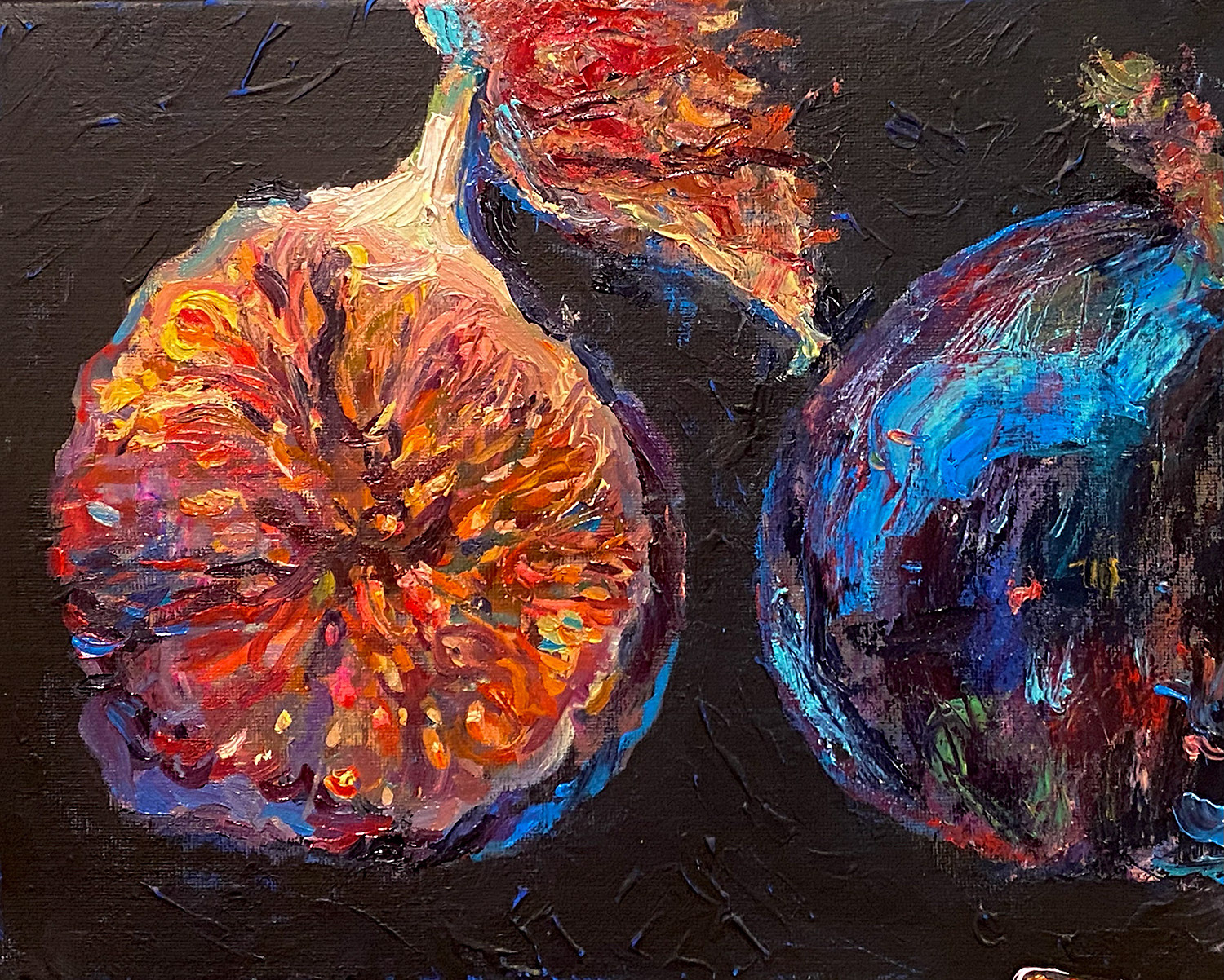 Fig Study I (2024)  30 × 40 cm, acrylic and oil on canvas  Early exploration of black as a symbolic field — not absence, but density. The fruit’s collapse becomes a glowing trace.