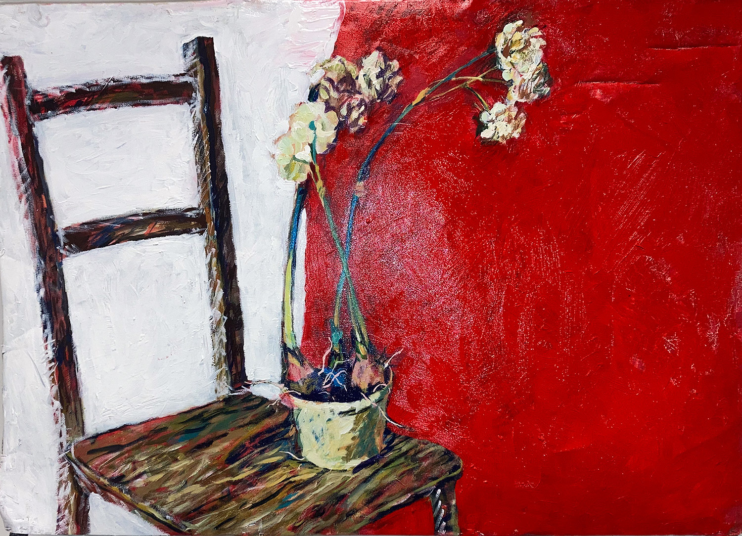 Red Field Study (2025)  70 × 90 cm, oil on canvas  A fragile pot on a worn chair, pressed against an overwhelming red. This work explores how colour overwhelms space — and how the line between still life and inner tension begins to blur.