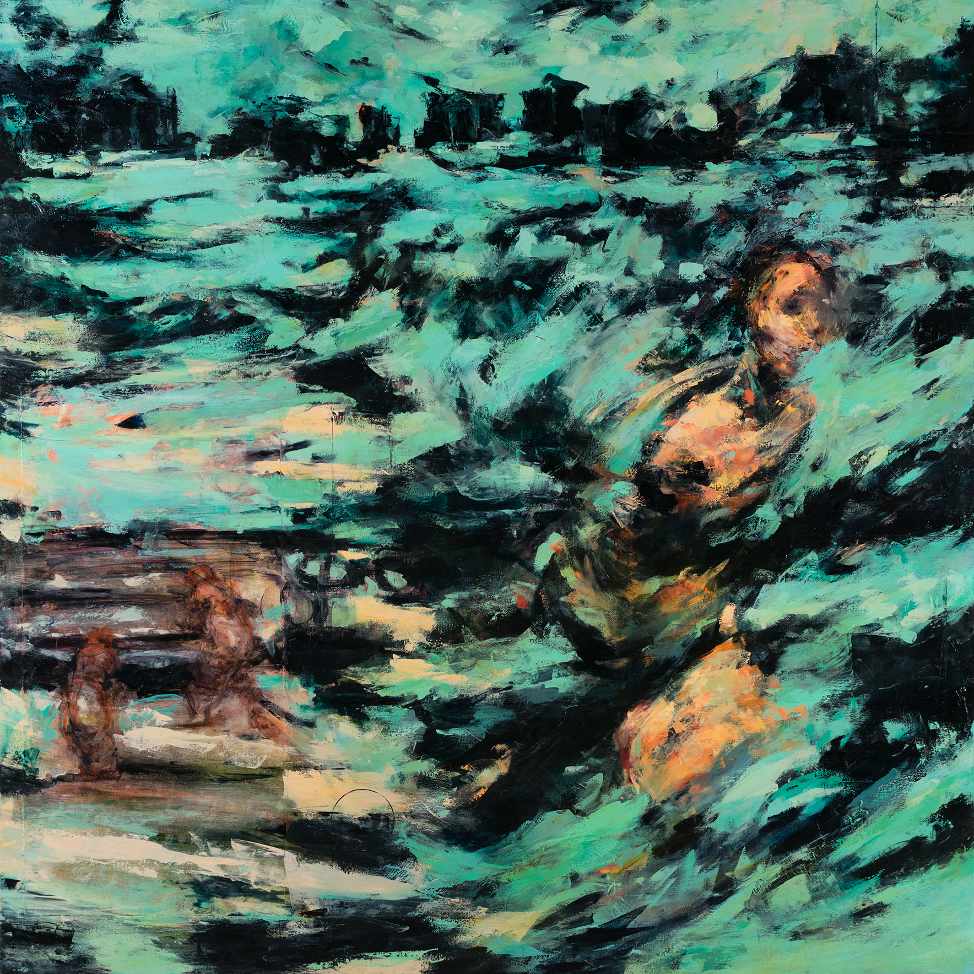 Processing the Scape: Residues, oil, wax, and Mylar on canvas, 44" x 44" x 2"