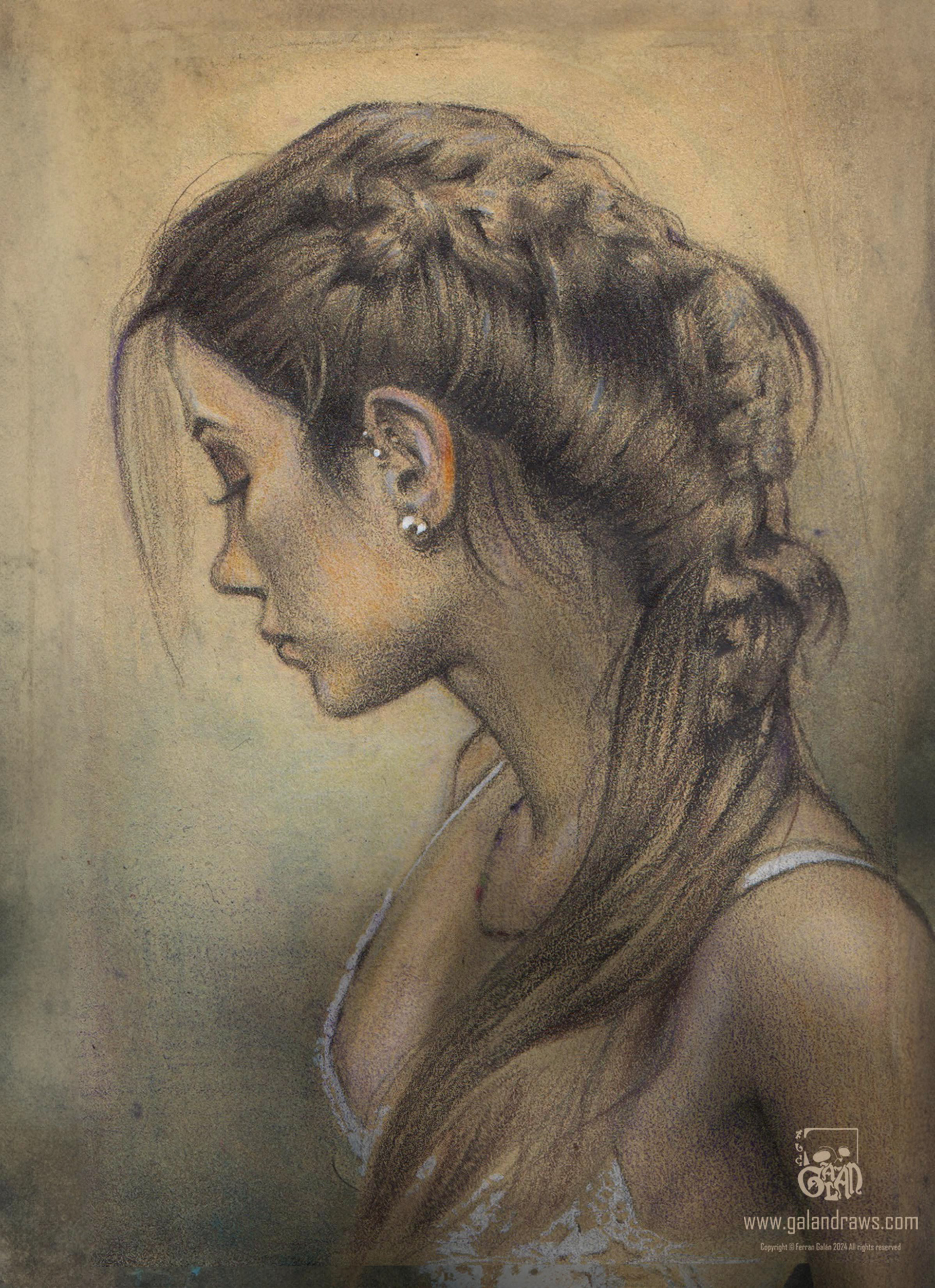 Colored pencil drawing portrait of a woman looking down slightly, with an intrincate long brown haircut