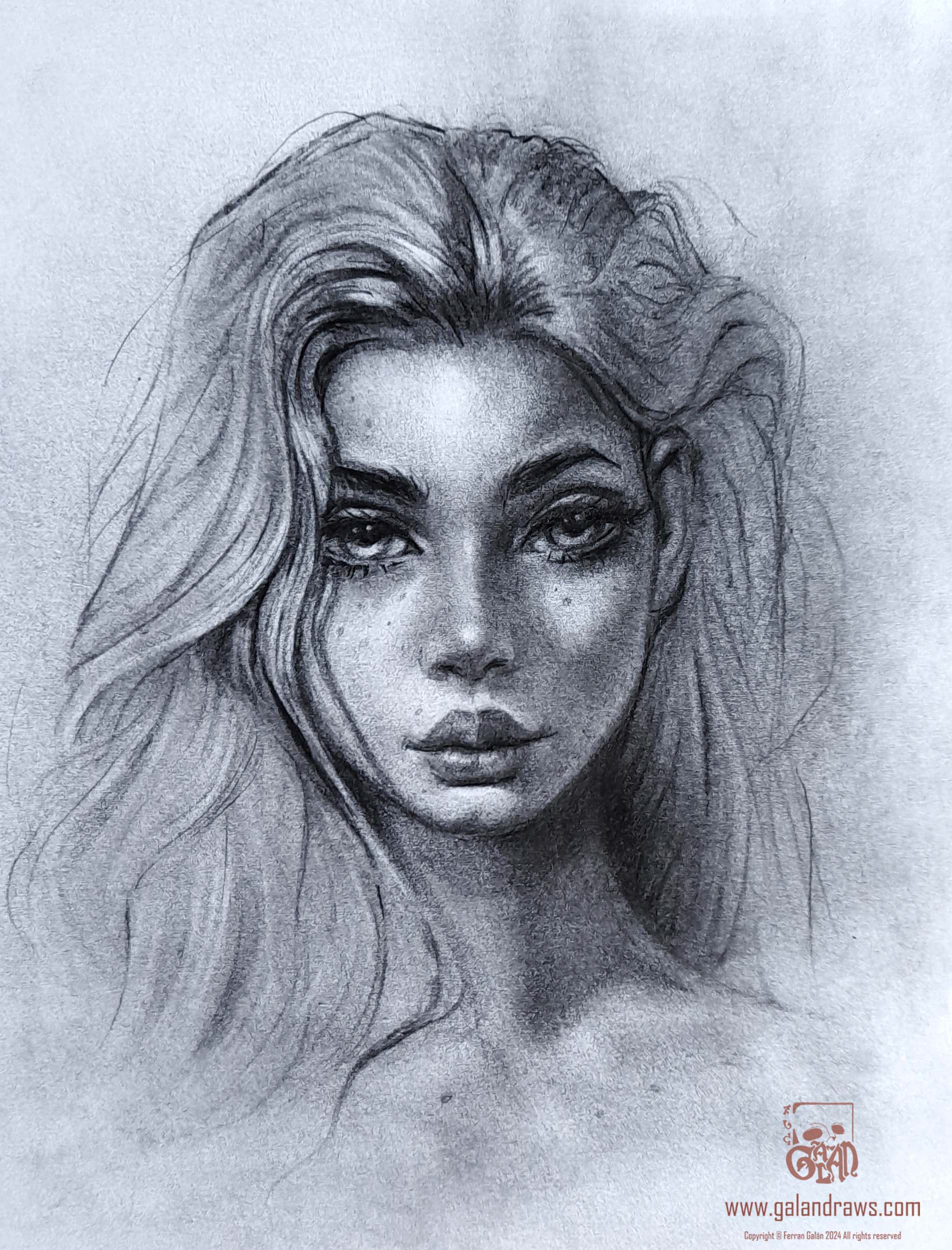 Graphite drawing of a long hair freckled girl with big beautiful eyes and round lips