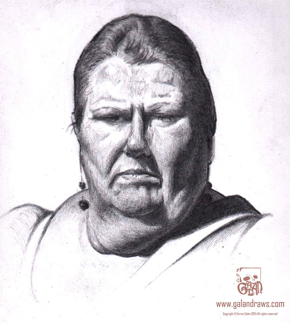 Drawing of a middle age lady wearing long earrings squinting her eyes with sunlight at her face