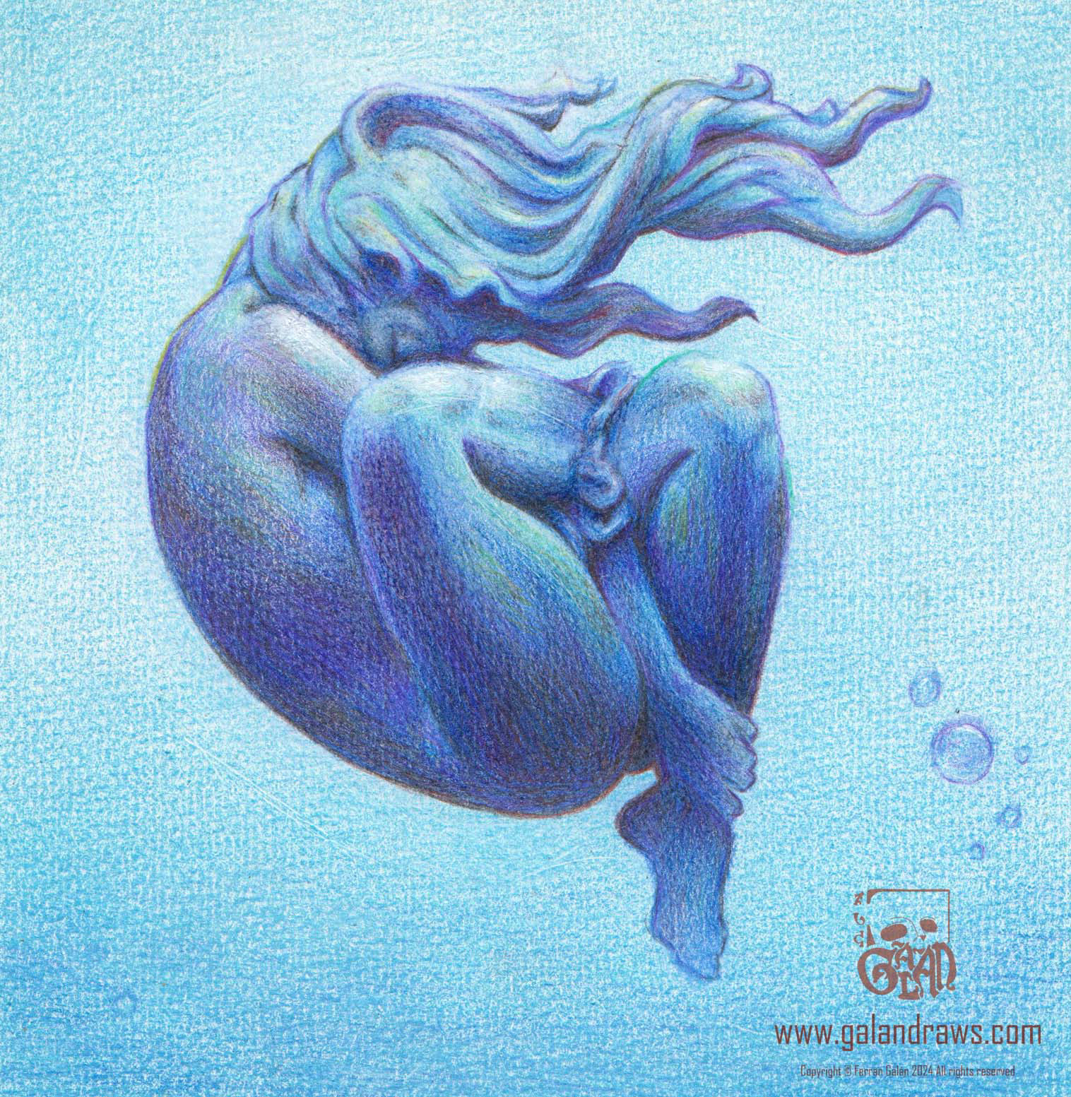 Colored pencil drawing of a long haired woman curled up and floating underwater