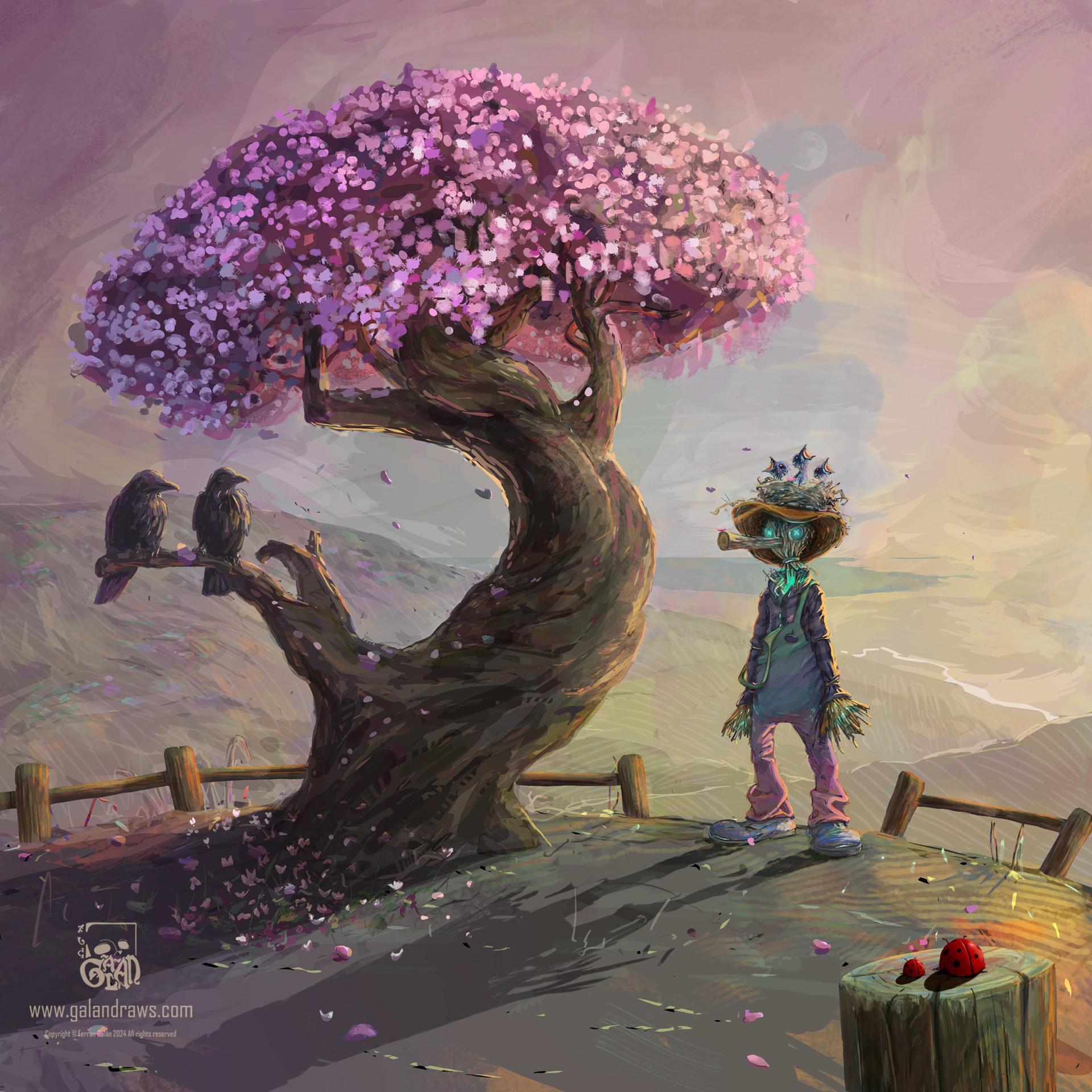 "Carecrow" - Scarecrow with baby birds in its hat. Fantasy landscape. Digital painting
