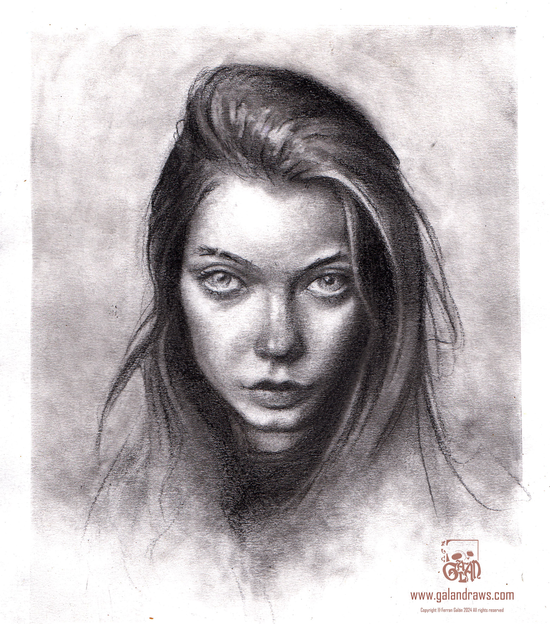 Graphite portrait of a woman with severe expression and long hair