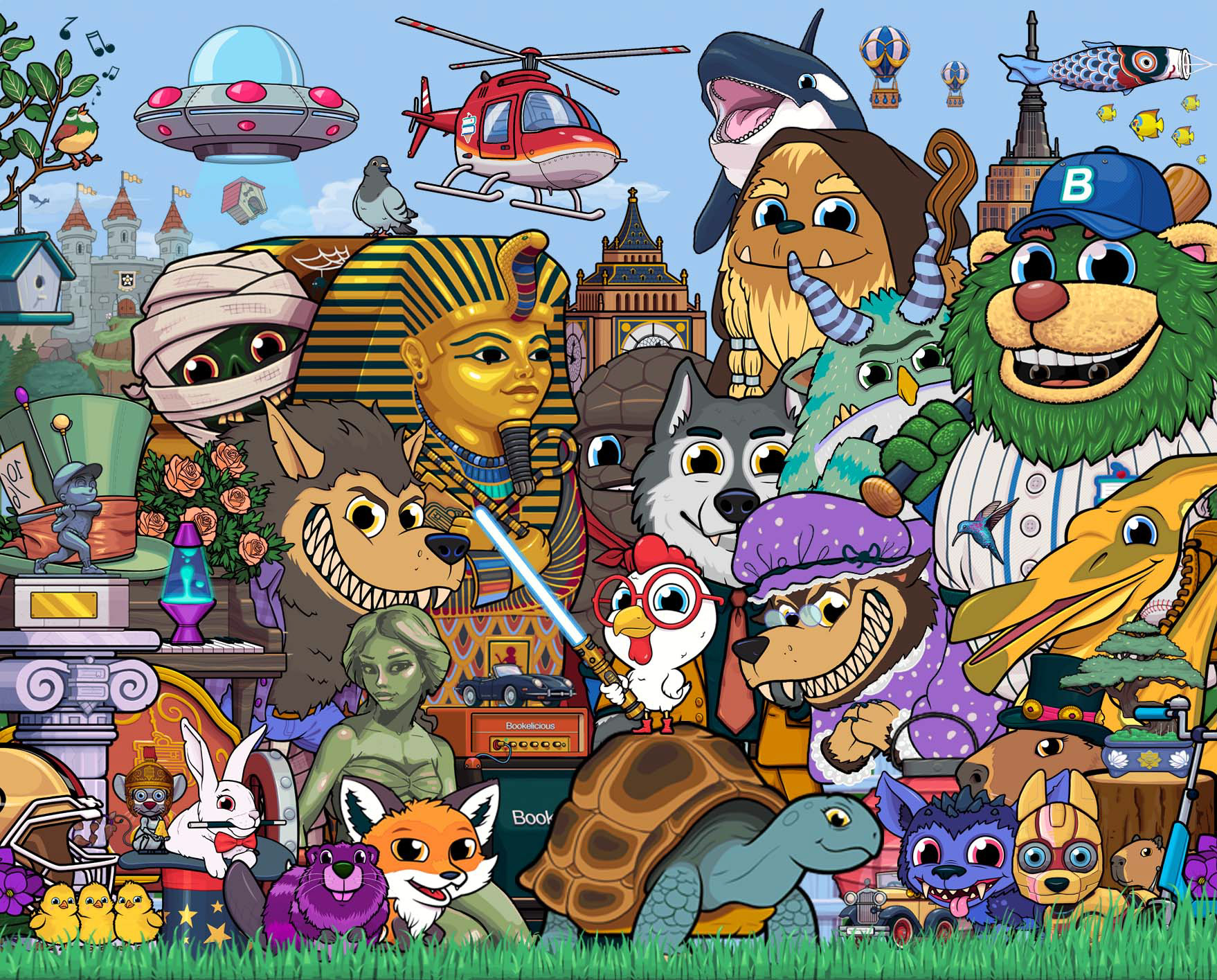 Digital illustration of several characters, vehicles and props, cartoon style