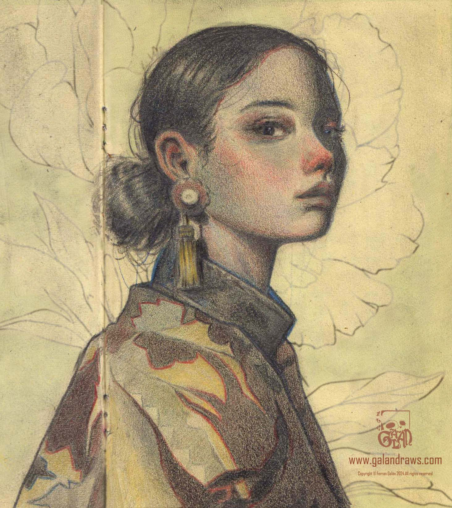 Colored pencils drawing portrait of girl with flourished outfit looking to the viewer in 3/4